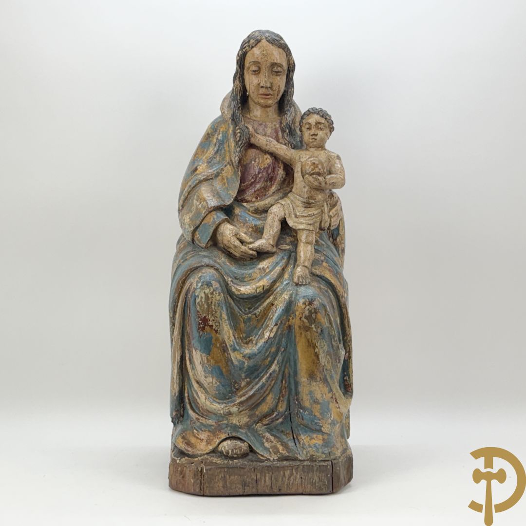 Houtsculptuur gepolychromeerde zittende Madonna met kind op de schoot, Zuid Europees