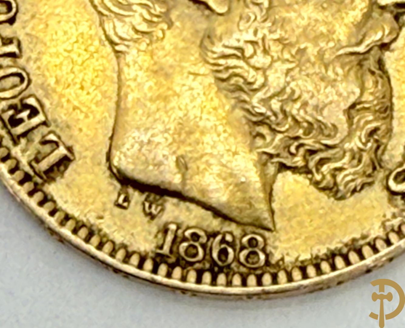 Belgische gouden 20 Franc uit 1868 met afbeelding van Leopold II