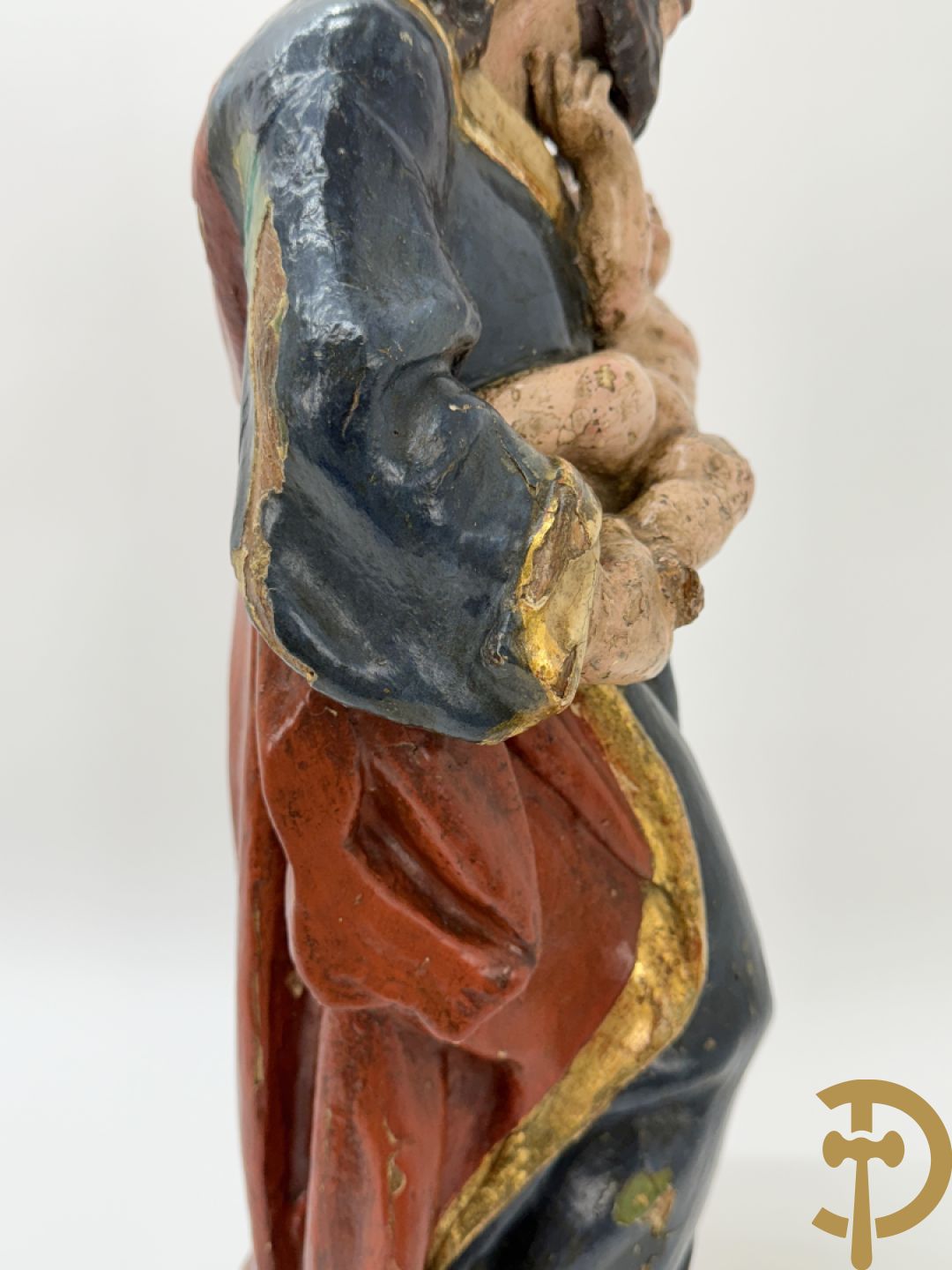 Gepolychromeerde houtsculptuur van Jozef met kindje Jezus