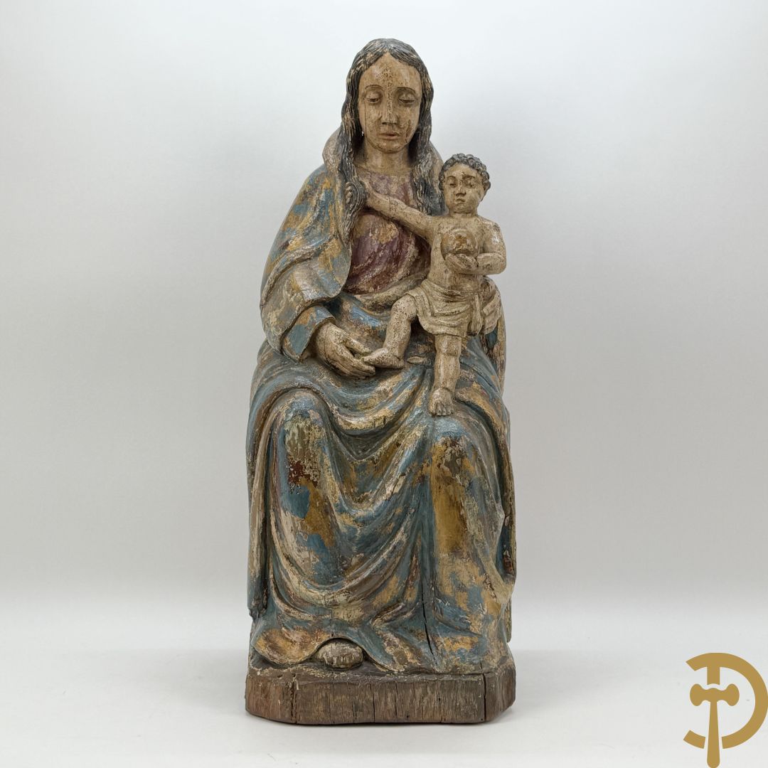 Houtsculptuur gepolychromeerde zittende Madonna met kind op de schoot, Zuid Europees