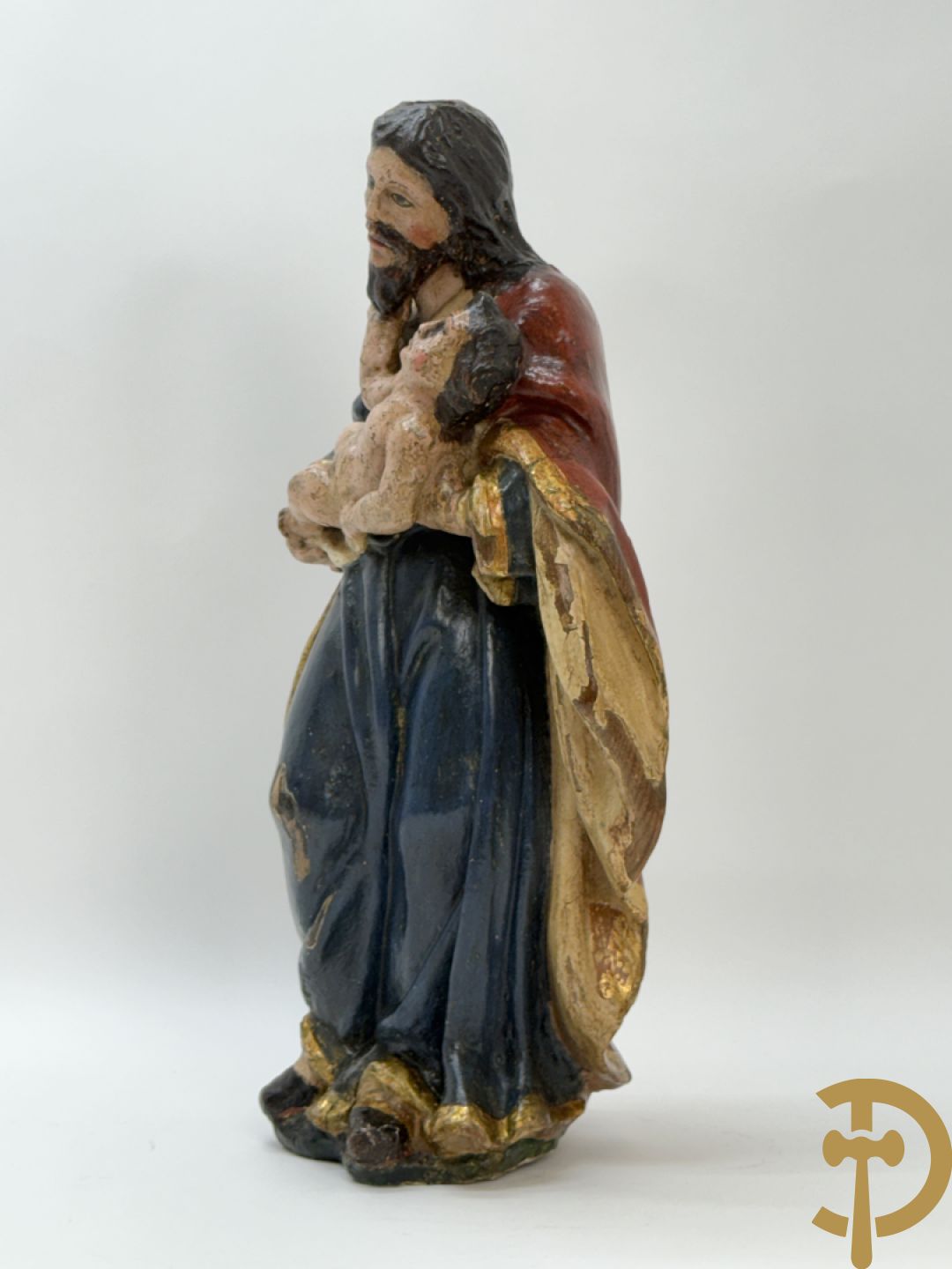 Gepolychromeerde houtsculptuur van Jozef met kindje Jezus