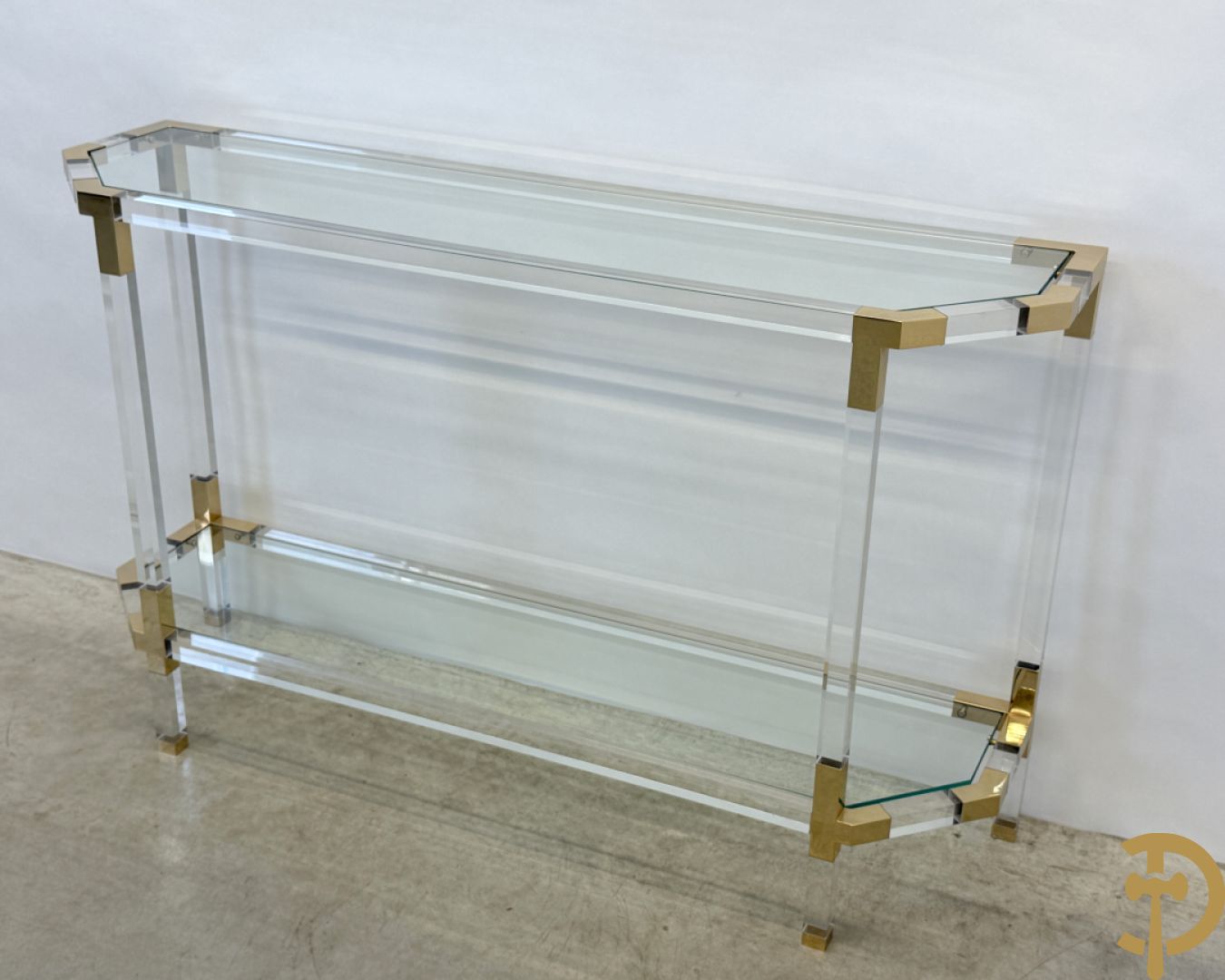 Twee plexi wandtafels met koperen ornamenten, jaren 