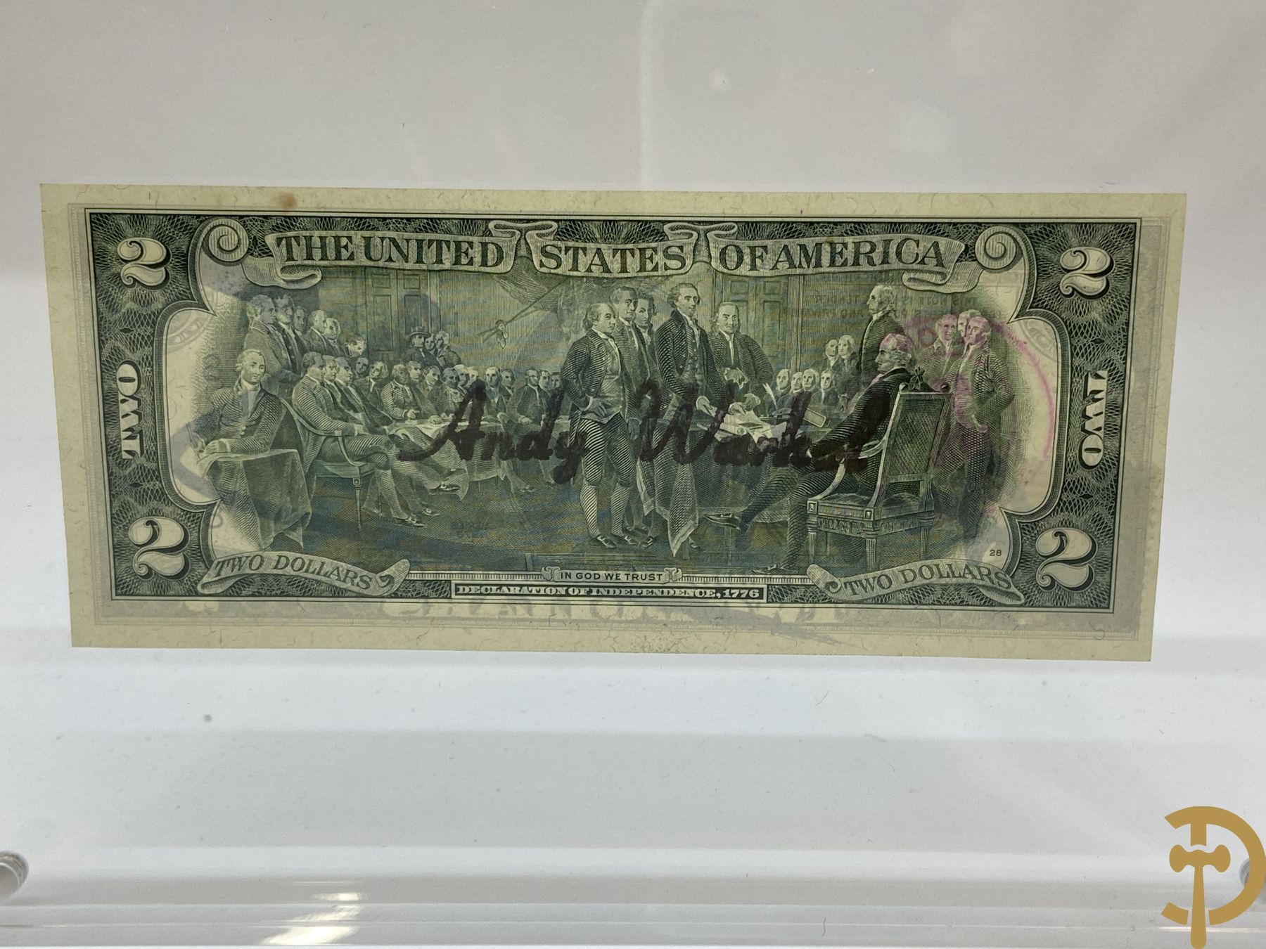 Warhol Andy getekend op Amerikaans 2 dollar biljet  
Serial Number: H08533432A
Year: 1976
Stamp and stamp of the American post office dated April 13, 1976 
Factory Warhol stamp on the back