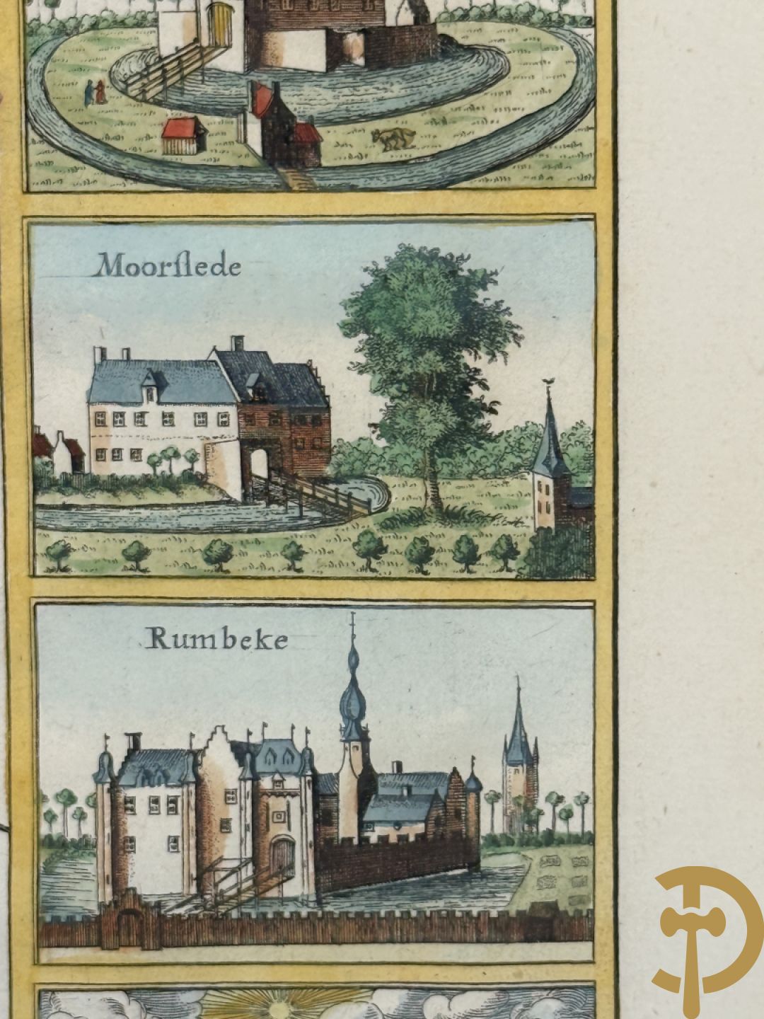 Oude kaart Sanderus met inzet van zicht op stad Ieper en kastelen rond de stad Ieper, 1641