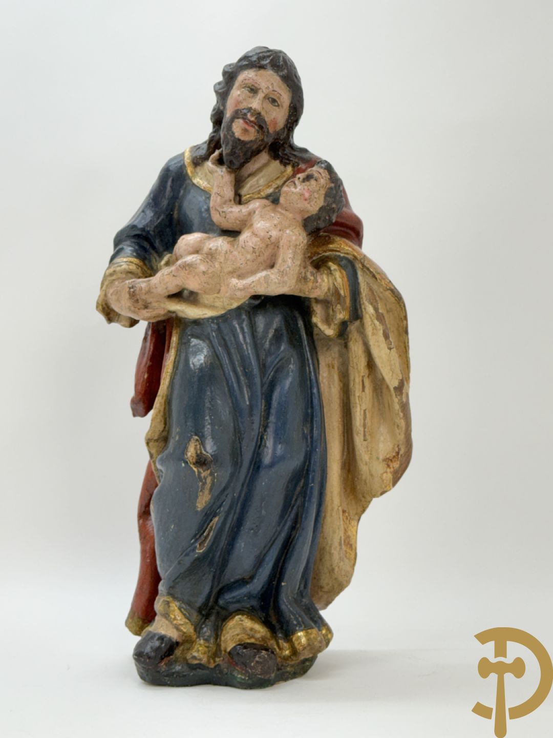 Gepolychromeerde houtsculptuur van Jozef met kindje Jezus