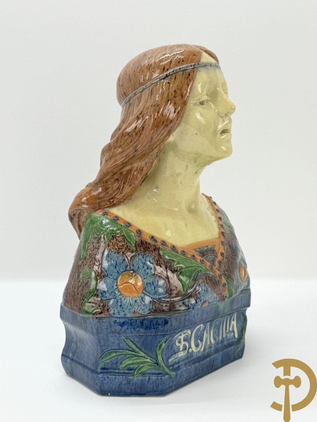 Vlaamse meerkleurige aardewerken Art Nouveau  buste Sint Cecilia
