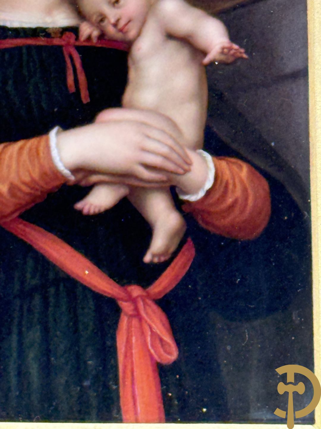 Antieke schilderij met Madonna met kind op porselein beschilderd, naar HOLBEIN