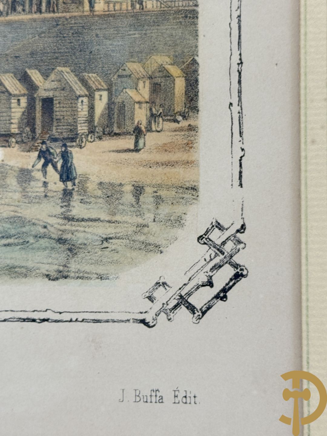 BORREMANS H. (4 stuks) en BUFFA (2 stuks) en CARSE (1 stuk) van - Zeven ingekleurde gravures van Oostende met o.a. Kursaal, vuurtoren, station en pier