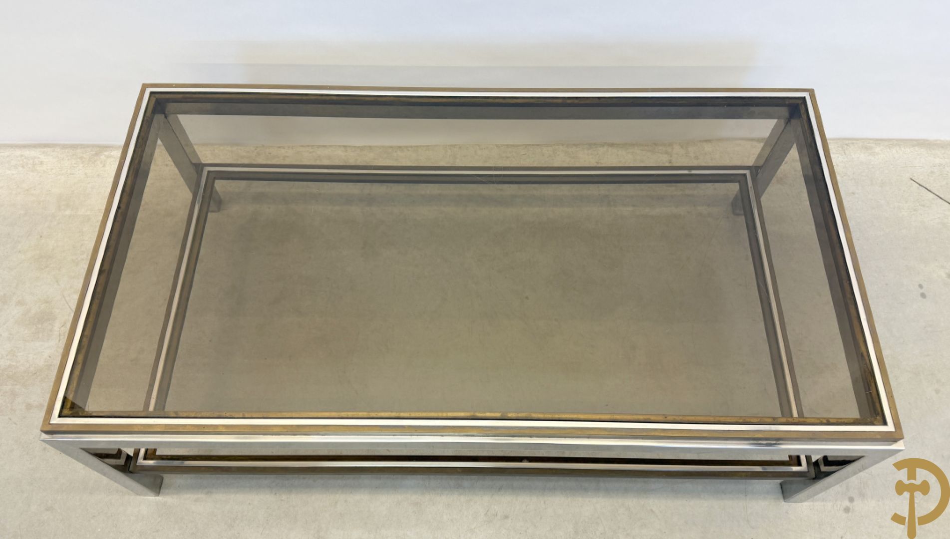 Salontafel met fumé glazen blad, koper en chromé, Belgochrome