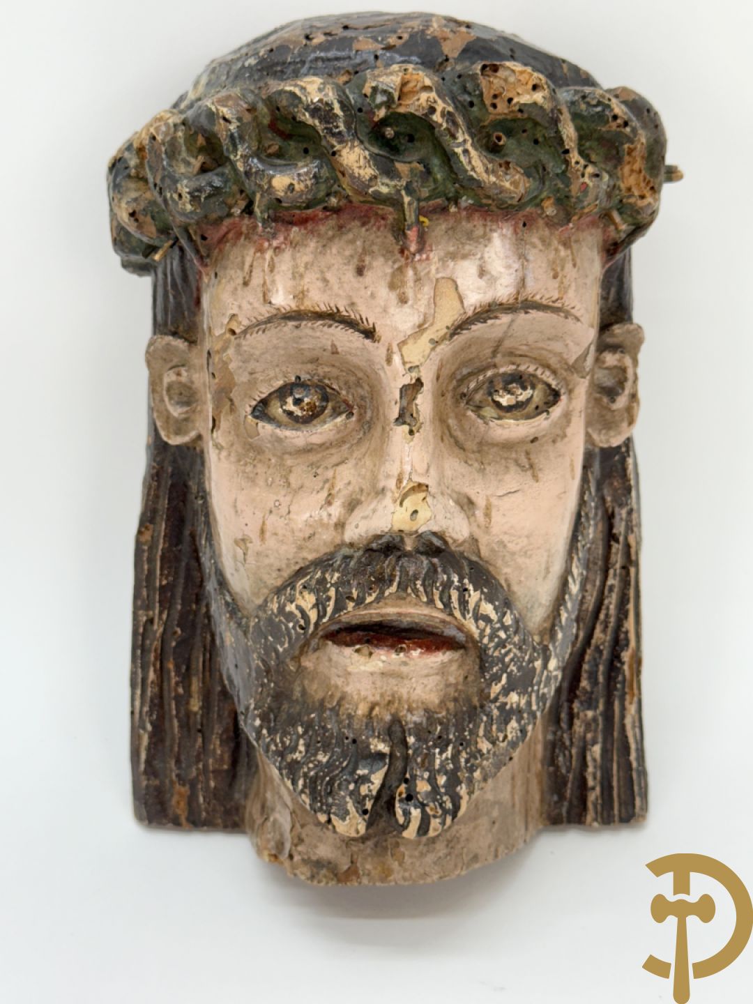 Gepolychromeerde houtsculptuur van Christushoofd