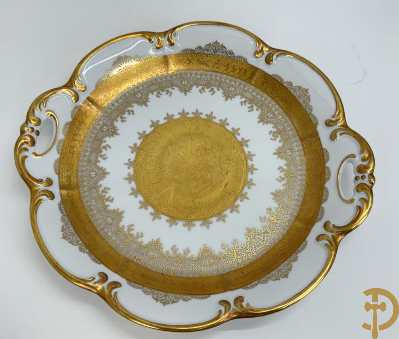 DW Porzellan coupe met schaal (2x), schotel + taartschep met schotel in doos, met verguld decor
