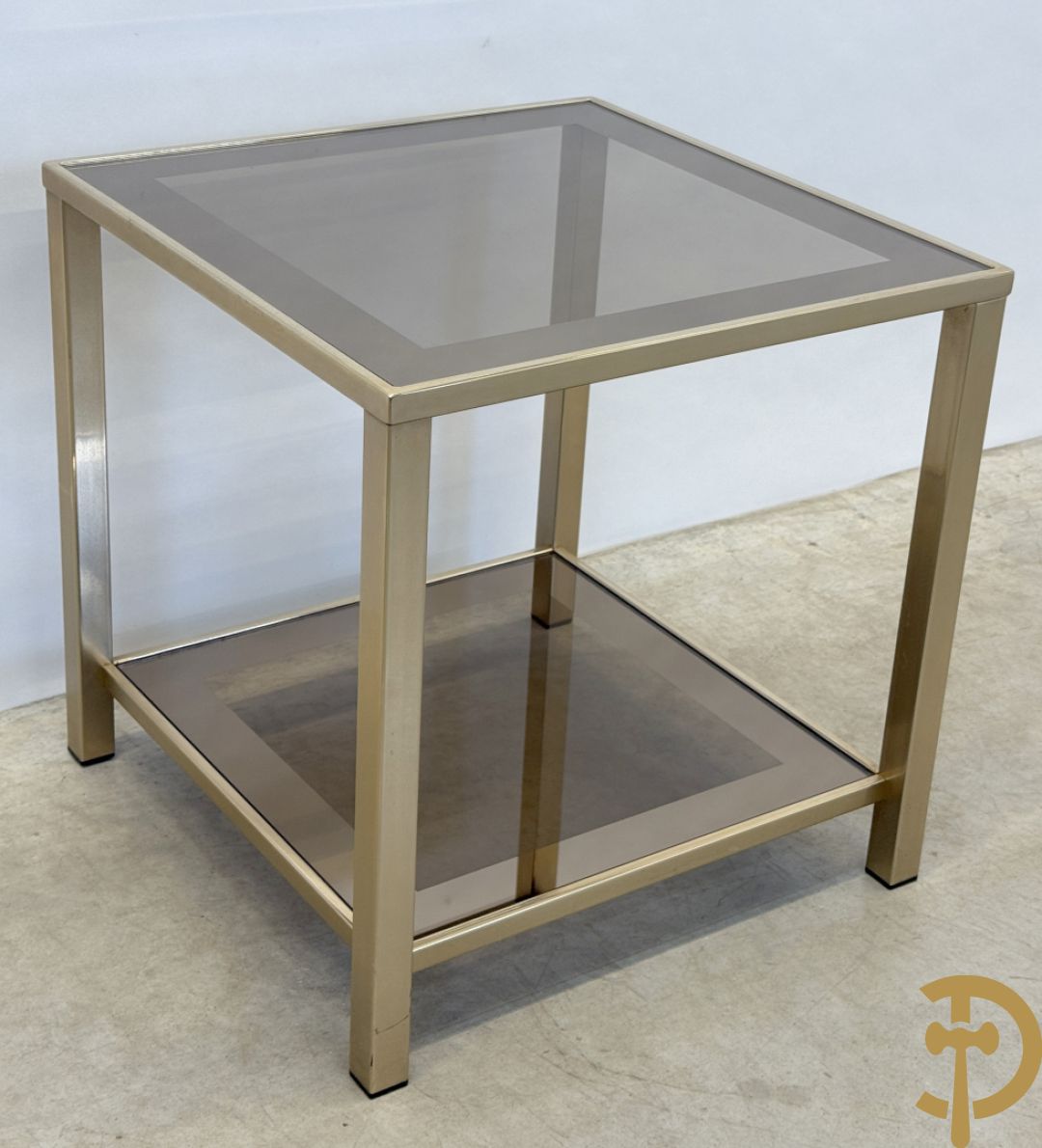 Belgochrome koperen bijzettafel met fumé glazen blad