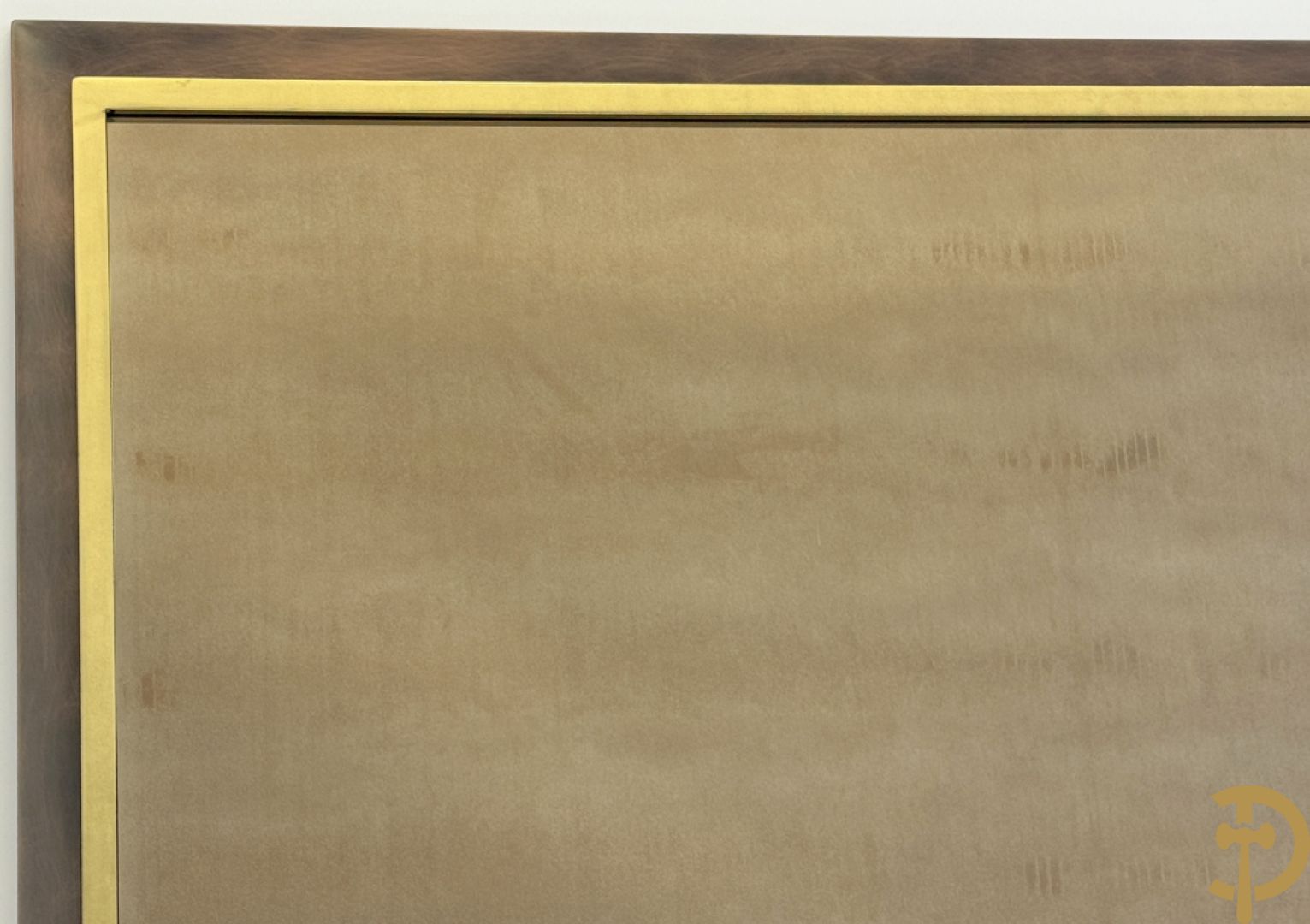 Tweekleurige koperen designspiegel met fumé glas, Belgochrome
