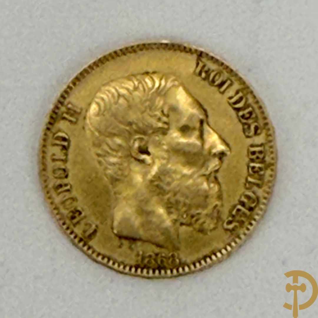 Belgische gouden 20 Franc uit 1868 met afbeelding van Leopold II