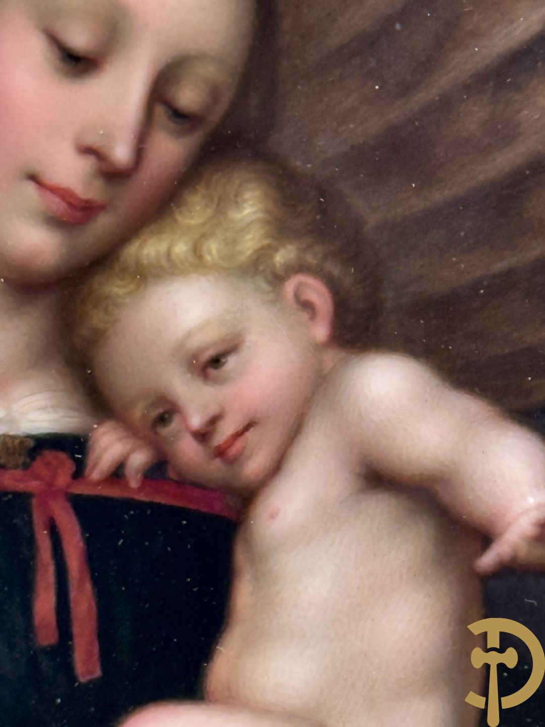 Antieke schilderij met Madonna met kind op porselein beschilderd, naar HOLBEIN