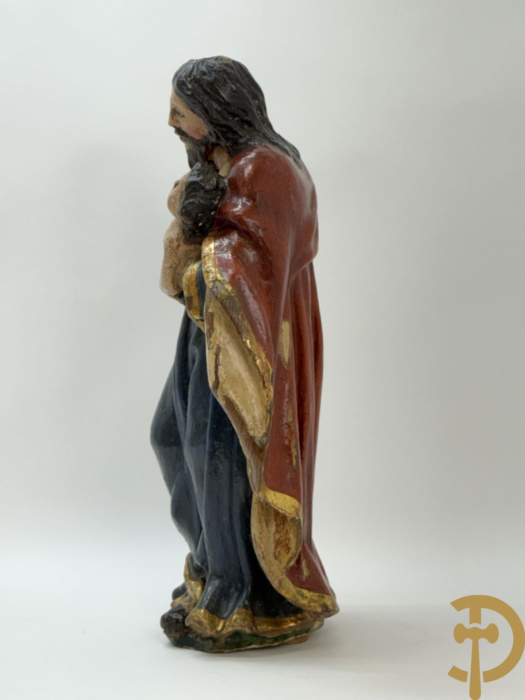 Gepolychromeerde houtsculptuur van Jozef met kindje Jezus
