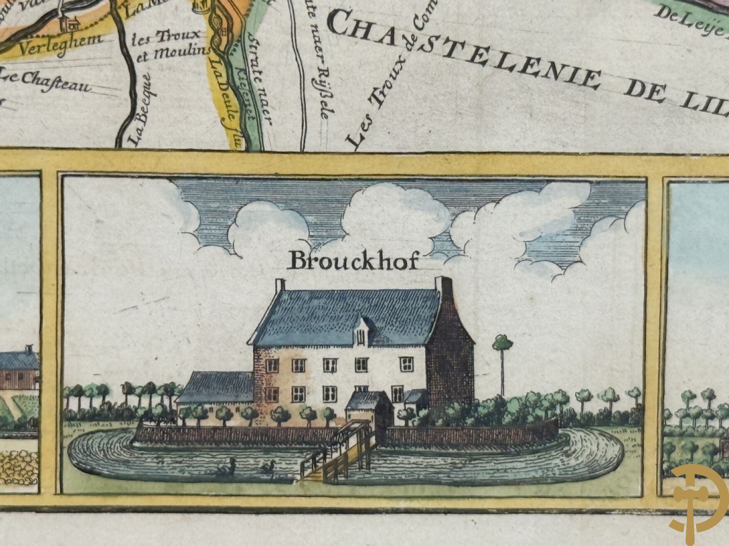 Oude kaart Sanderus met inzet van zicht op stad Ieper en kastelen rond de stad Ieper, 1641