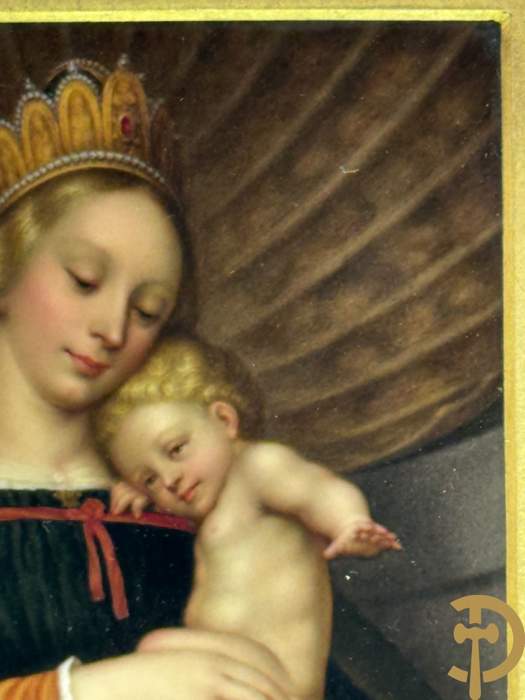 Antieke schilderij met Madonna met kind op porselein beschilderd, naar HOLBEIN