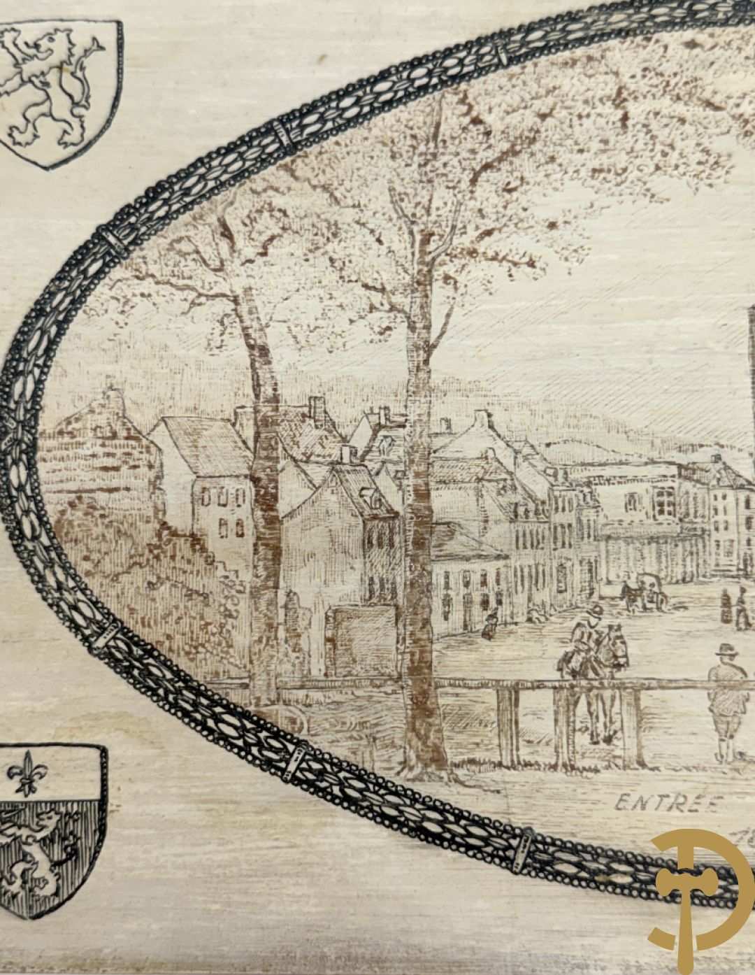 Handbeschilderde tekening op doos omringd met wapenschilden 