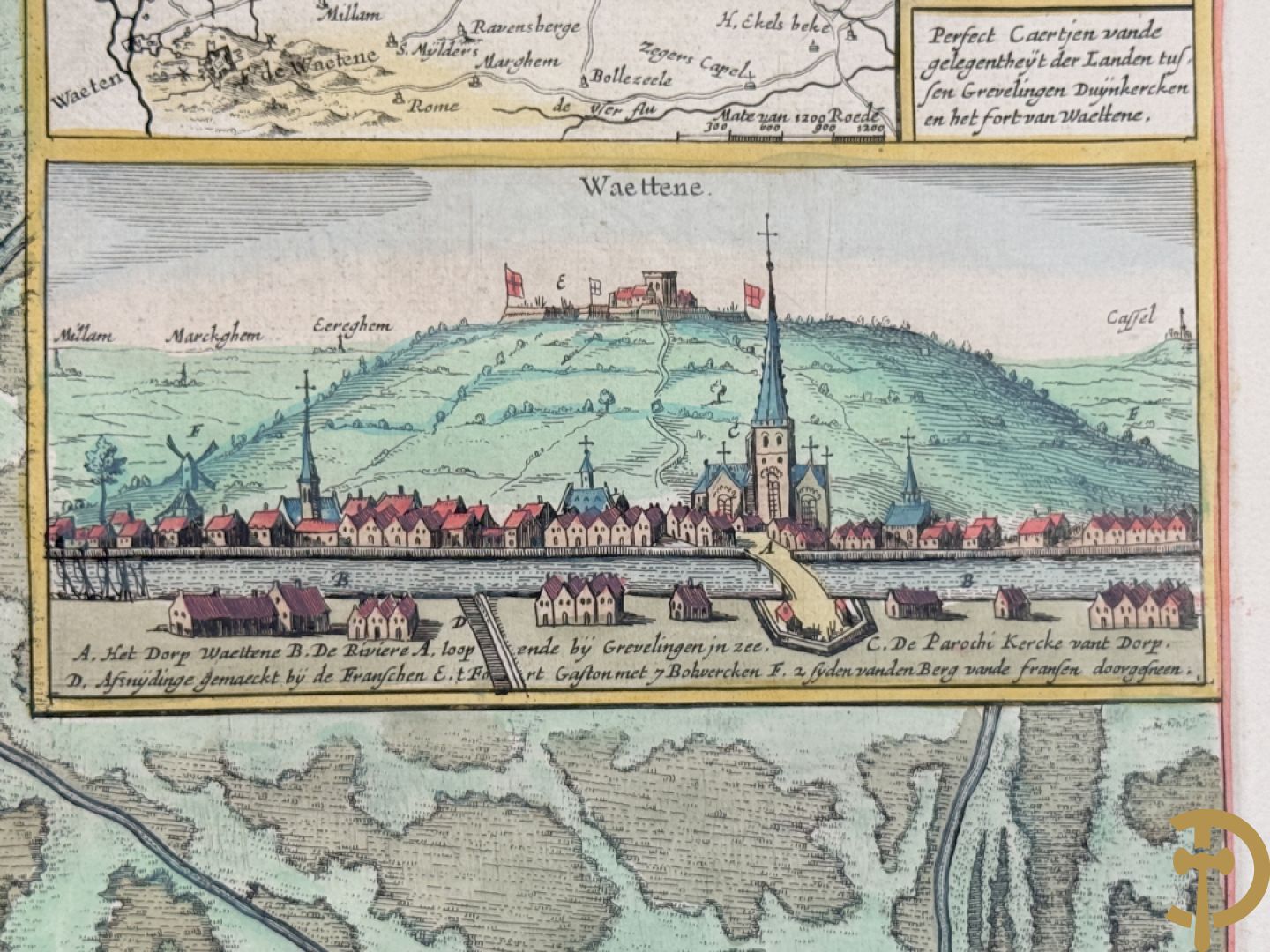 Oude origineel ingekleurde kaart plan du fort de Watten, Blaue