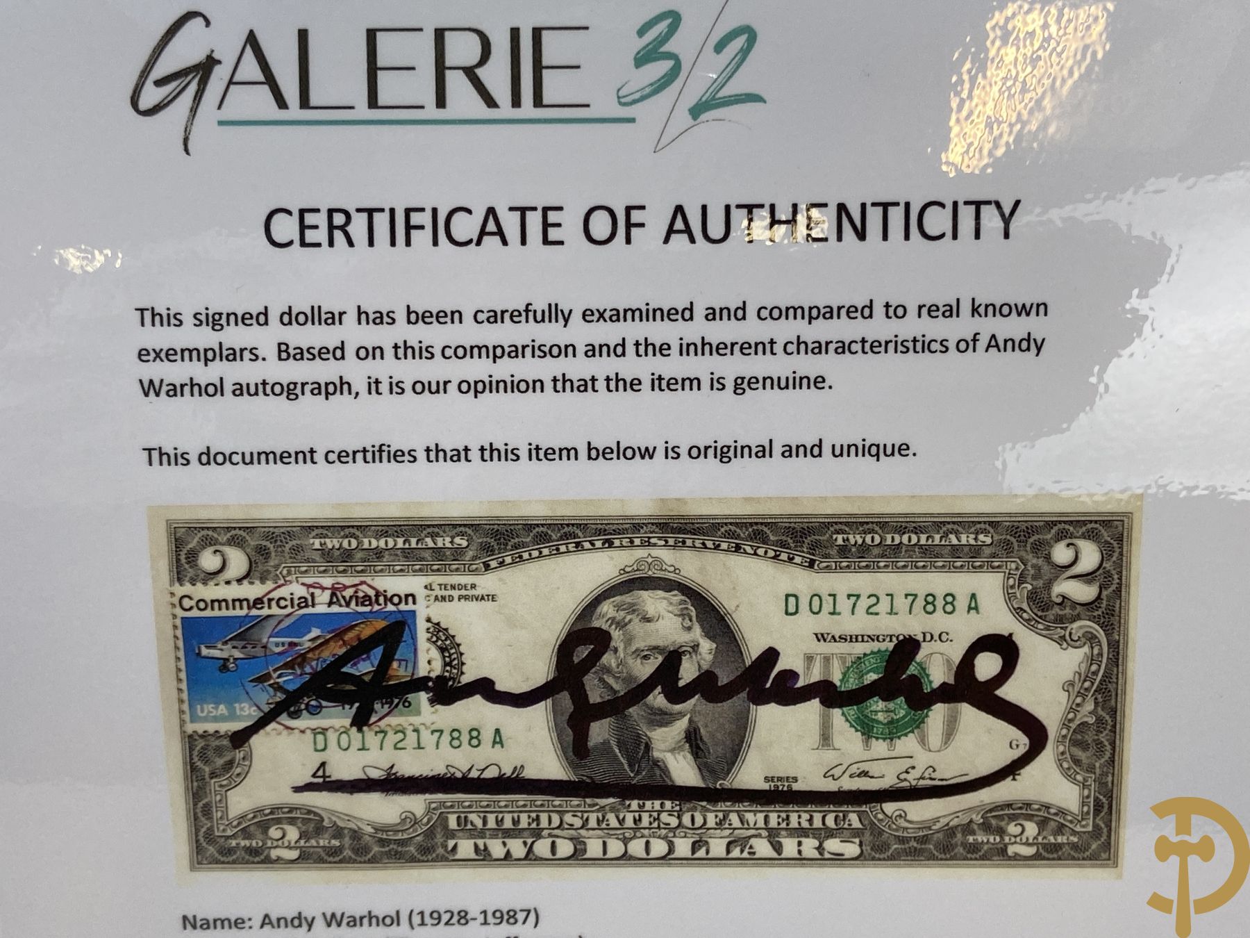 Warhol Andy getekend op Amerikaans 2 dollar biljet 
Serial number: D01721788A
Year: 1976 
Commemorative stamp for the 50th anniversary of commercial aviation (1926-1976)
Stamped by US mail dated April 13, 1976
Factory Warhol stamp on the back