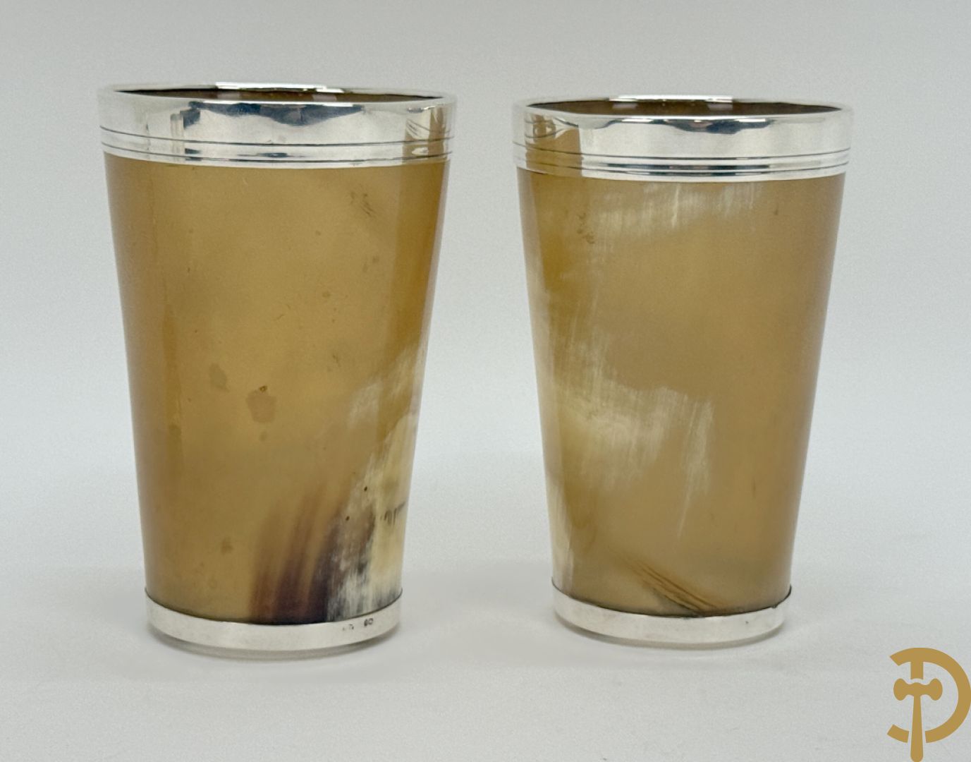 Twee drinkbekers in hoorn met massief zilveren rand + massief zilveren kannetje + massief zilveren houder + mssief zilveren zoutvat + massief zilveren zoutstrooier + set met 4 zilveren peper- en zoutvaatjes in schrijn