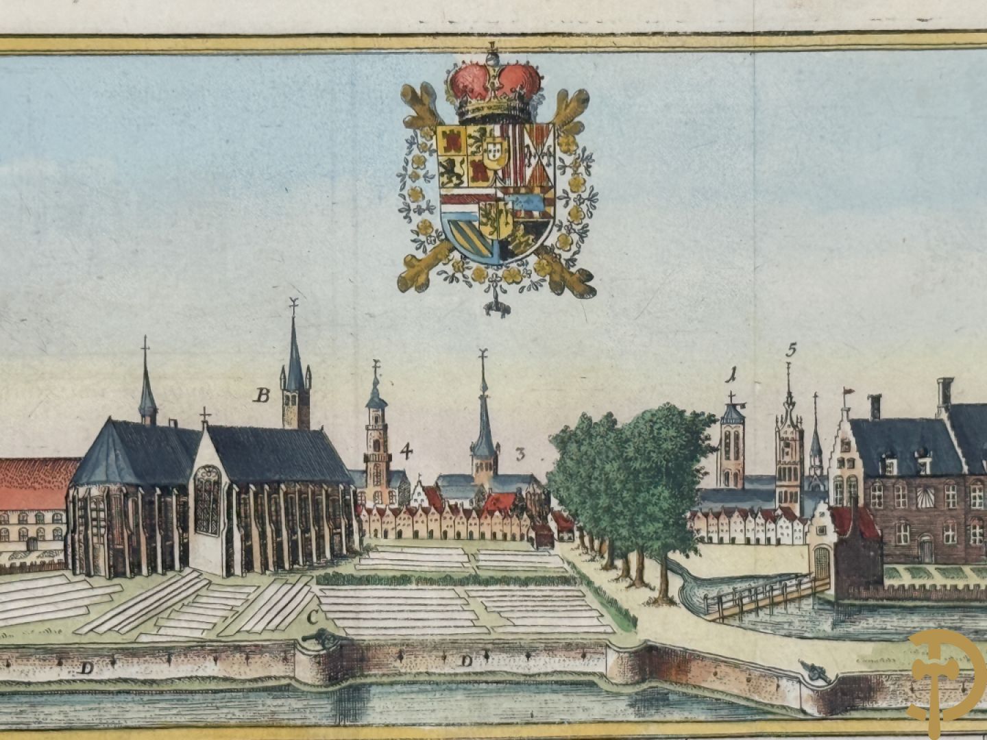 Oude kaart Sanderus met inzet van zicht op stad Ieper en kastelen rond de stad Ieper, 1641