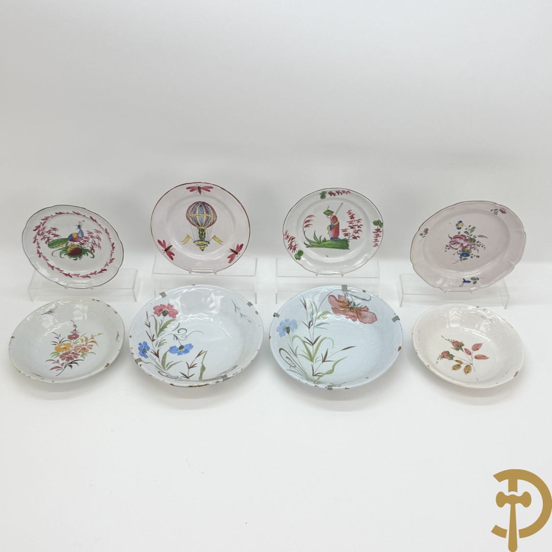 Franse borden w.o. Strassbourg met decor van luchtballon, vogel en Chinees figuurtje