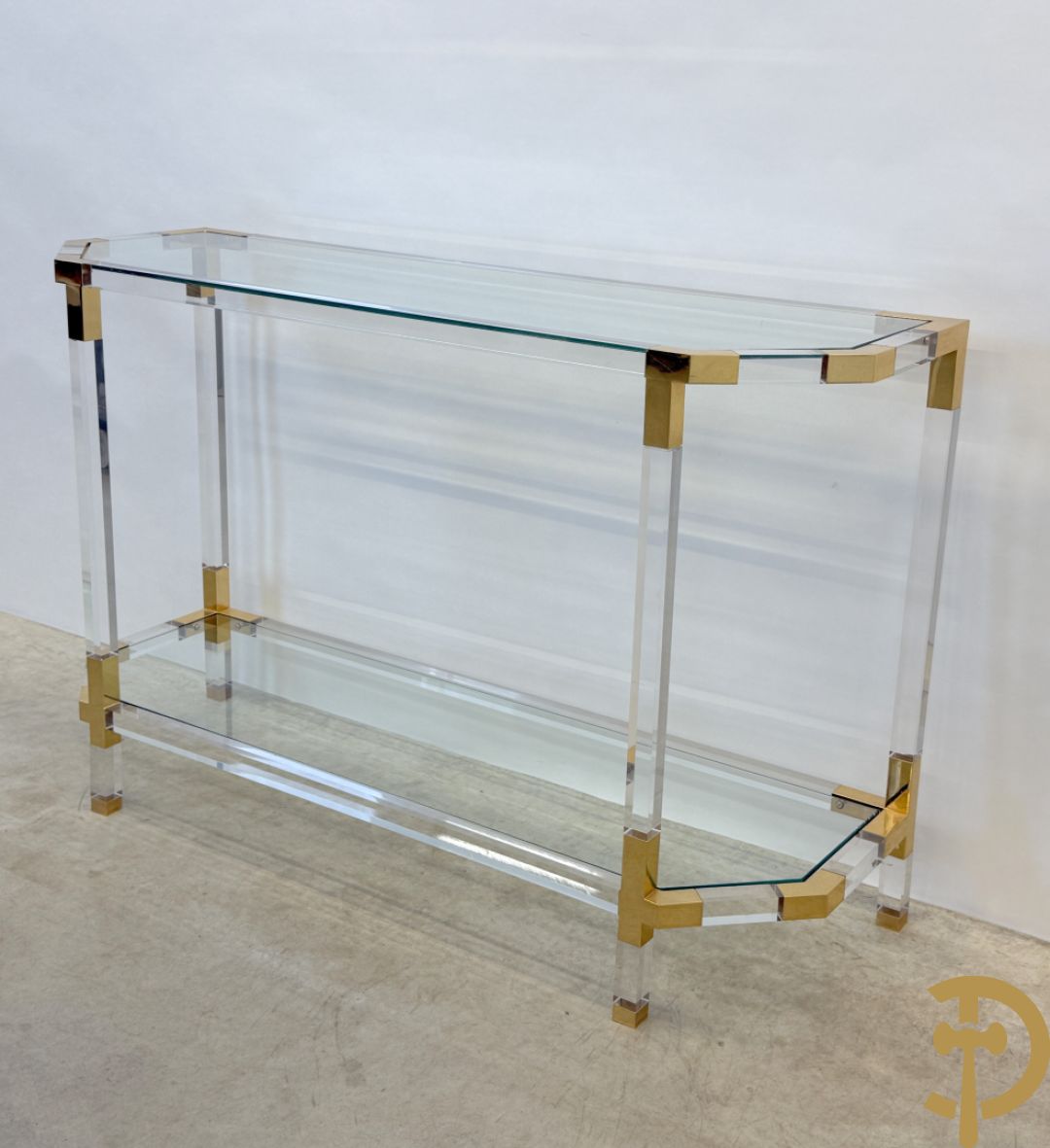 Twee plexi wandtafels met koperen ornamenten, jaren 