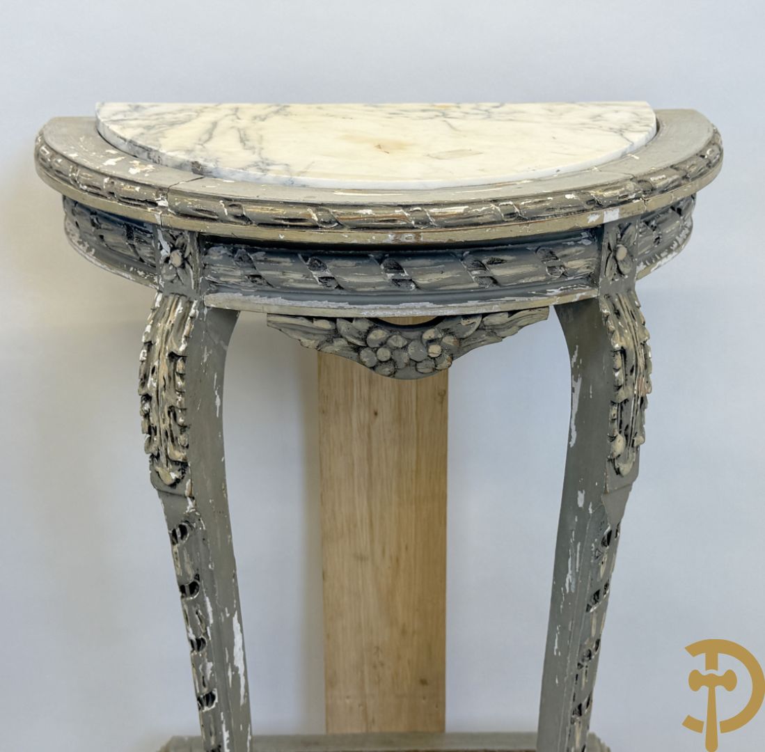 Gepatineerd Louis XVI bed met cannage en guirlandes + 2 muurconsoles met cannage en marmeren blad