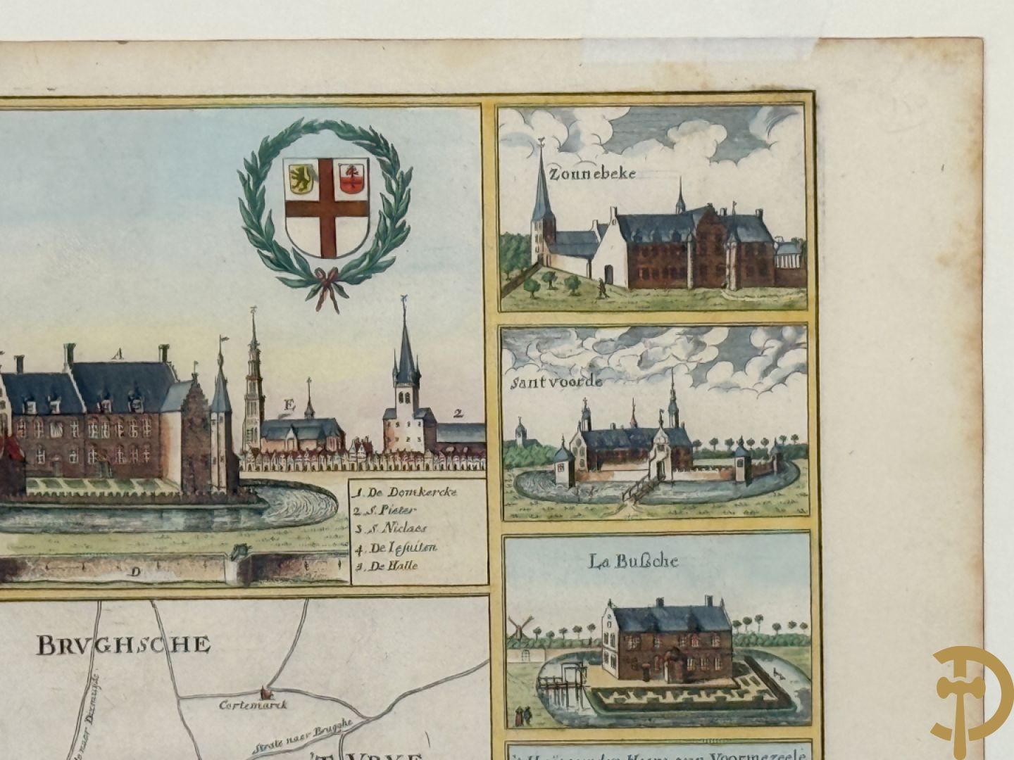Oude kaart Sanderus met inzet van zicht op stad Ieper en kastelen rond de stad Ieper, 1641
