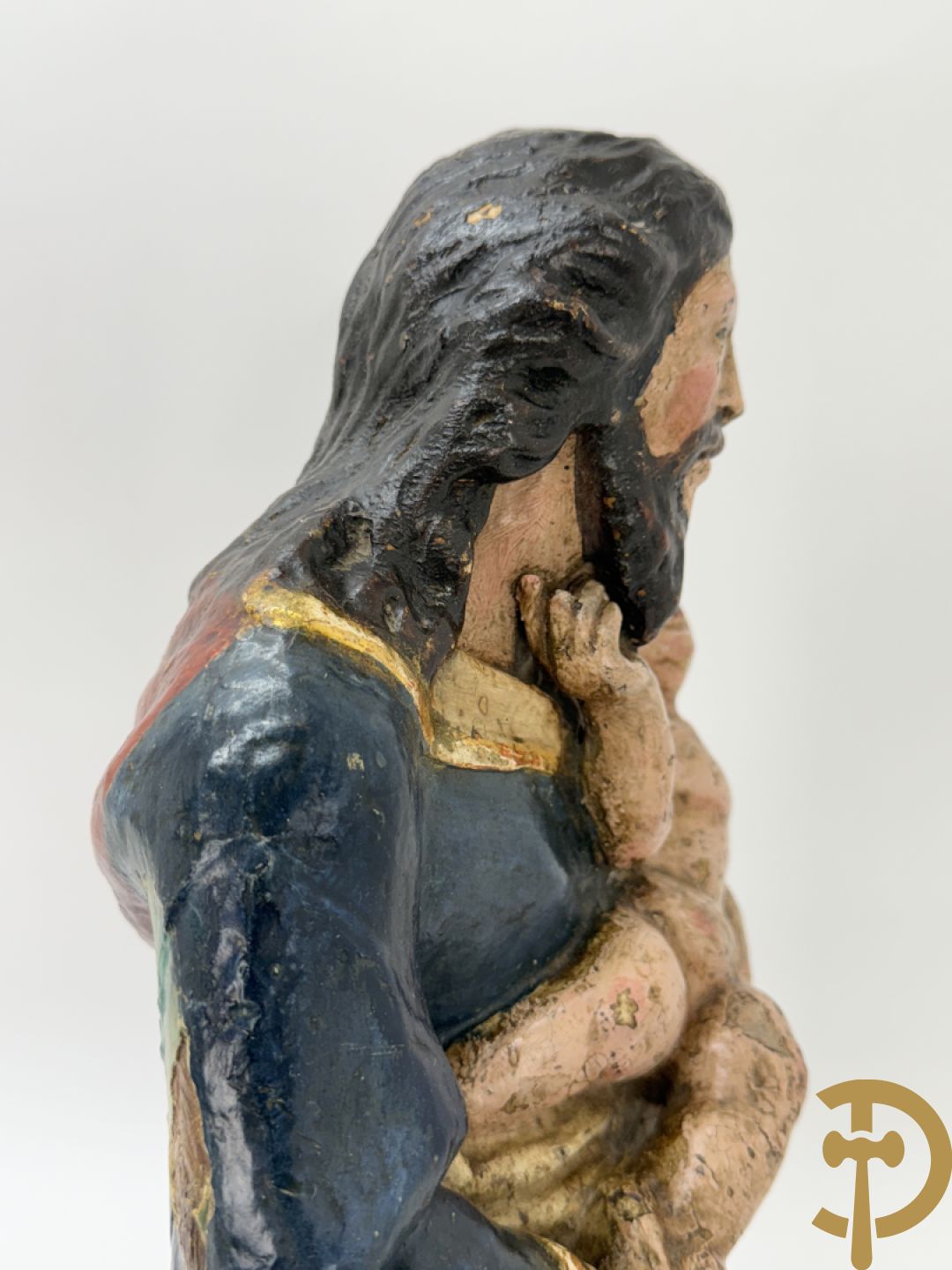 Gepolychromeerde houtsculptuur van Jozef met kindje Jezus