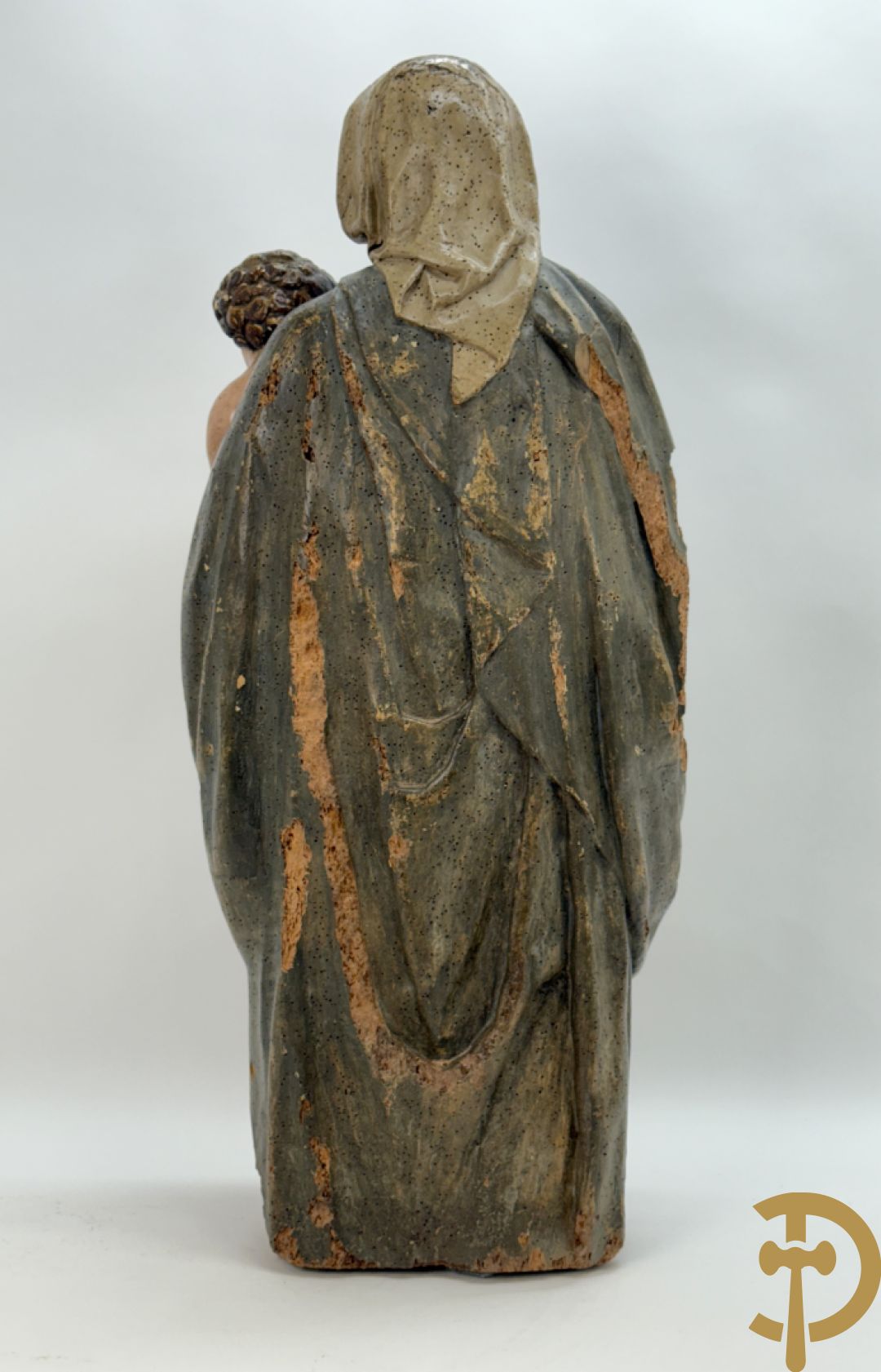 Gepolychromeerde houtsculptuur Madonna met rode jurk en kind, 18e