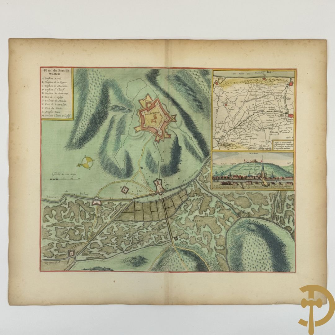 Oude origineel ingekleurde kaart plan du fort de Watten, Blaue