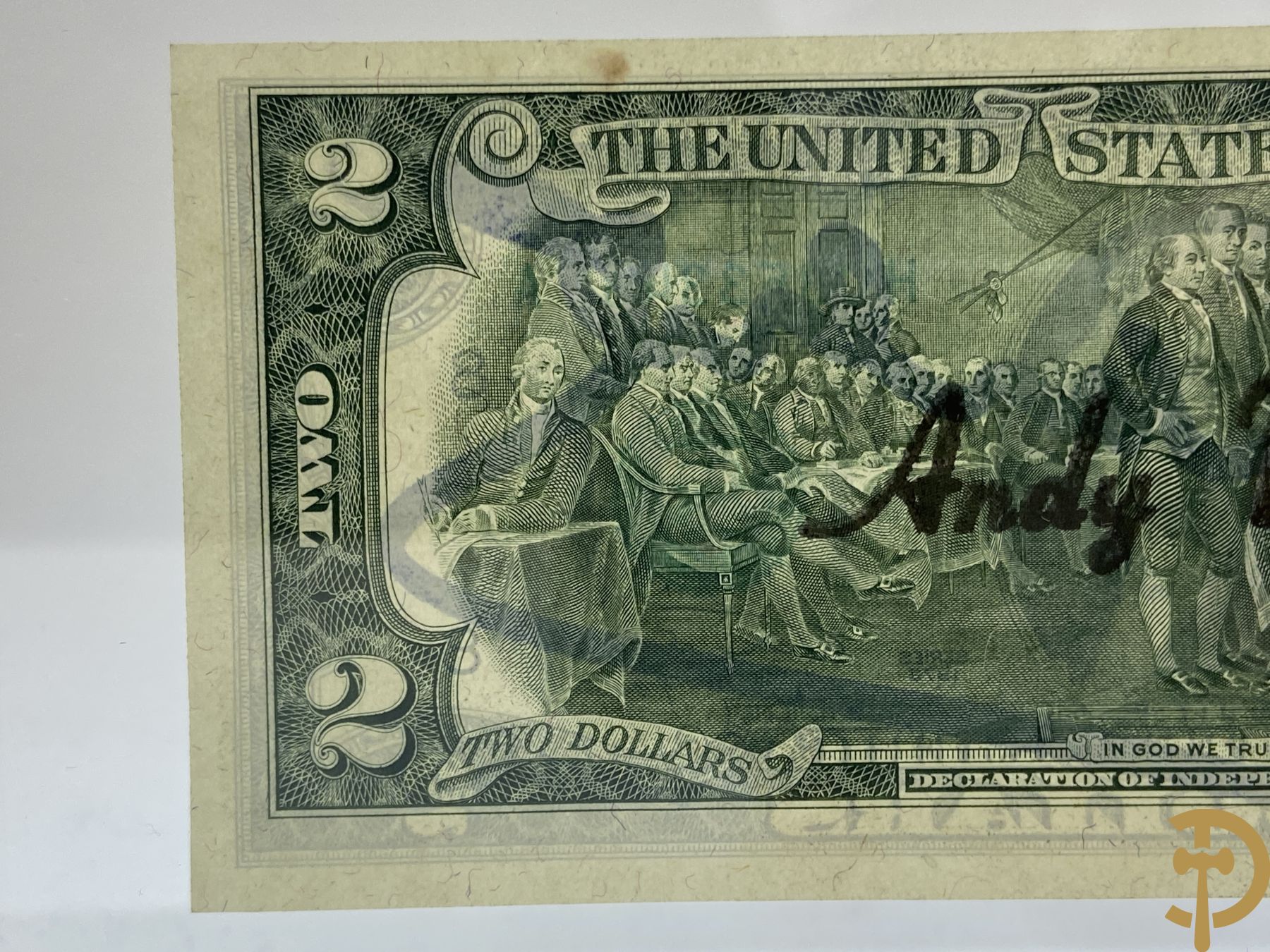 Warhol Andy getekend op Amerikaans 2 dollar biljet  
Serial Number: H08533432A
Year: 1976
Stamp and stamp of the American post office dated April 13, 1976 
Factory Warhol stamp on the back