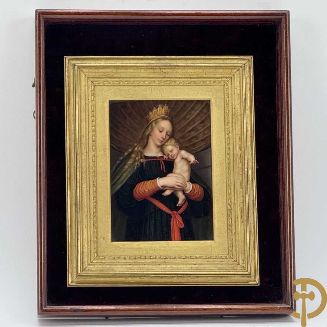 Antieke schilderij met Madonna met kind op porselein beschilderd, naar HOLBEIN