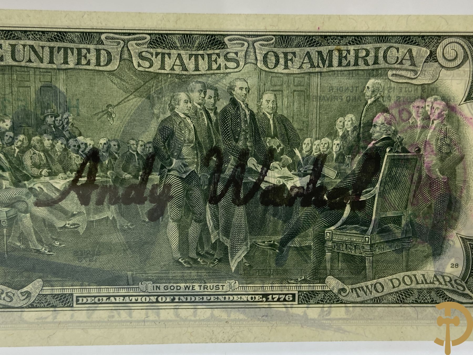Warhol Andy getekend op Amerikaans 2 dollar biljet  
Serial Number: H08533432A
Year: 1976
Stamp and stamp of the American post office dated April 13, 1976 
Factory Warhol stamp on the back