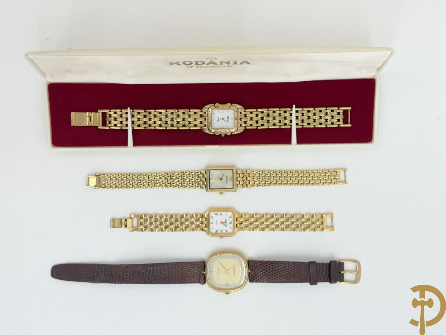 Drie dameshorloges met vergulde armband Rodania + herenuurwerk Rodania
