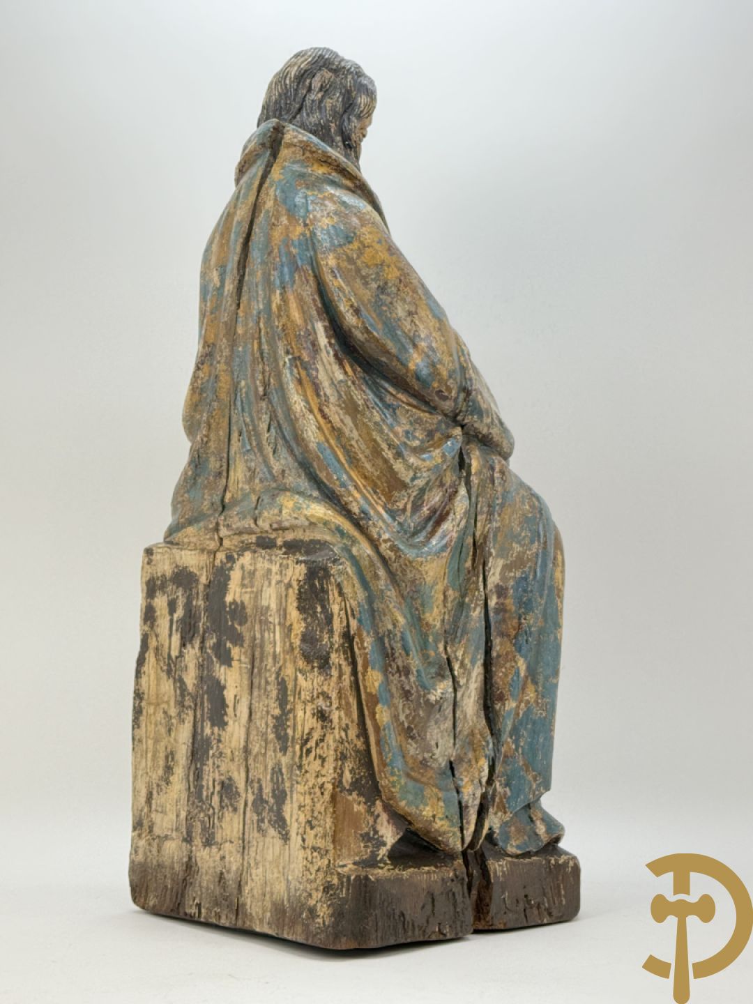 Houtsculptuur gepolychromeerde zittende Madonna met kind op de schoot, Zuid Europees