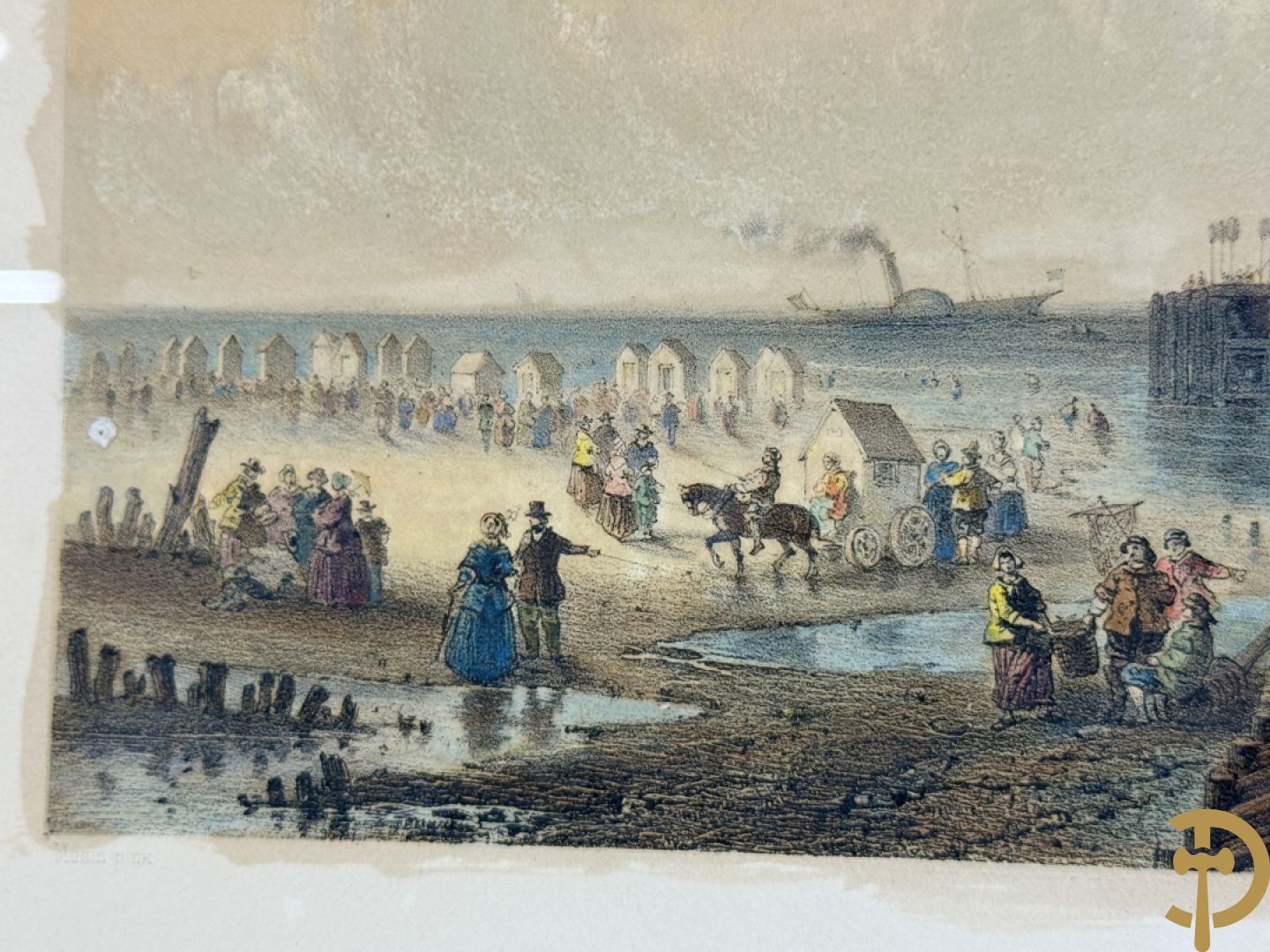 BORREMANS H. (4 stuks) en BUFFA (2 stuks) en CARSE (1 stuk) van - Zeven ingekleurde gravures van Oostende met o.a. Kursaal, vuurtoren, station en pier