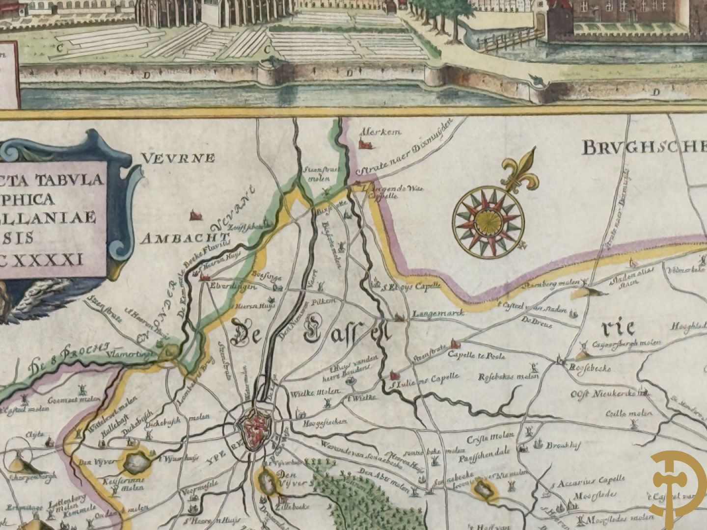 Oude kaart Sanderus met inzet van zicht op stad Ieper en kastelen rond de stad Ieper, 1641