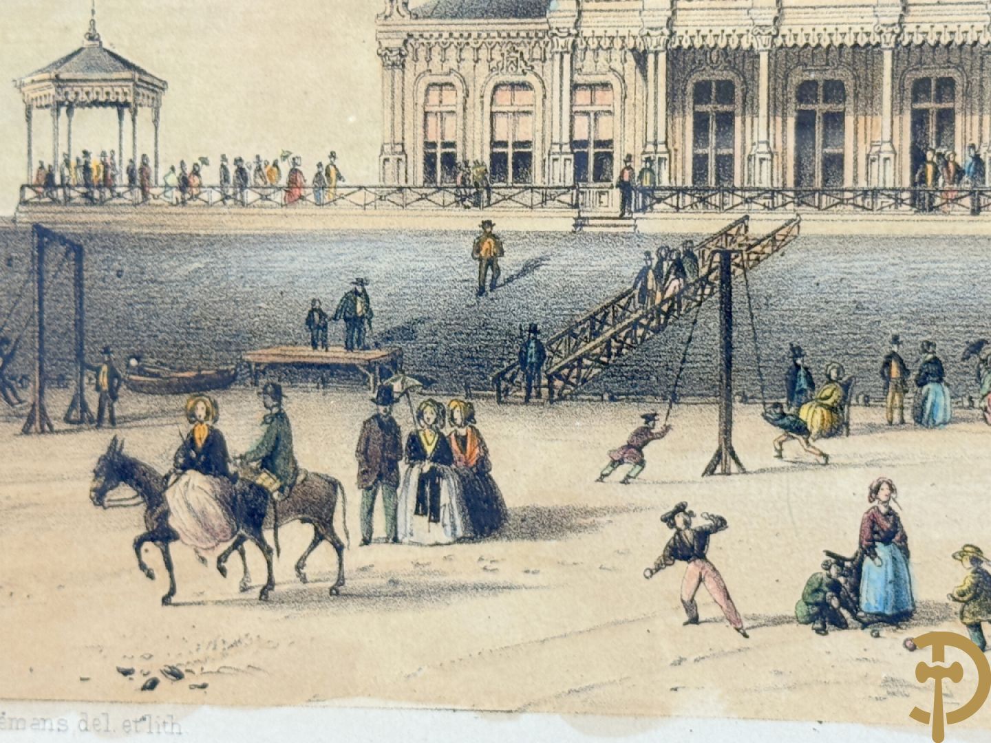 BORREMANS H. (4 stuks) en BUFFA (2 stuks) en CARSE (1 stuk) van - Zeven ingekleurde gravures van Oostende met o.a. Kursaal, vuurtoren, station en pier