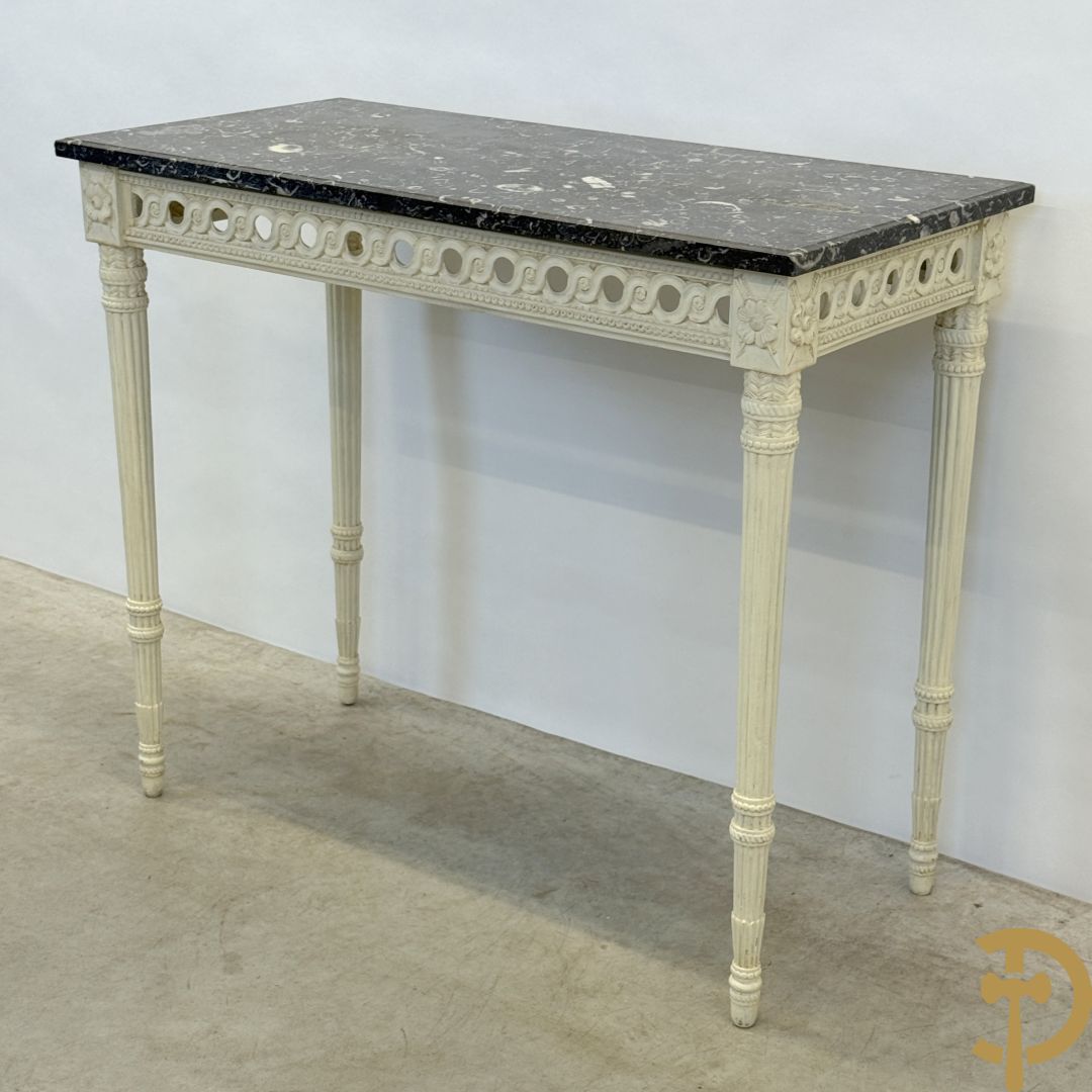 Houtgesculpteerde en gepolychromeerde Louis XVI console met grijs marmeren blad