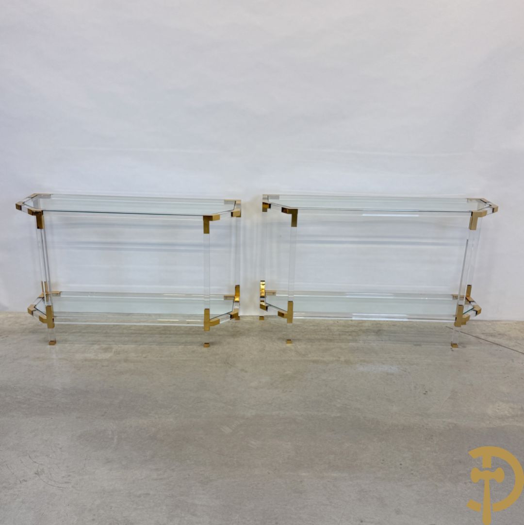 Twee plexi wandtafels met koperen ornamenten, jaren 