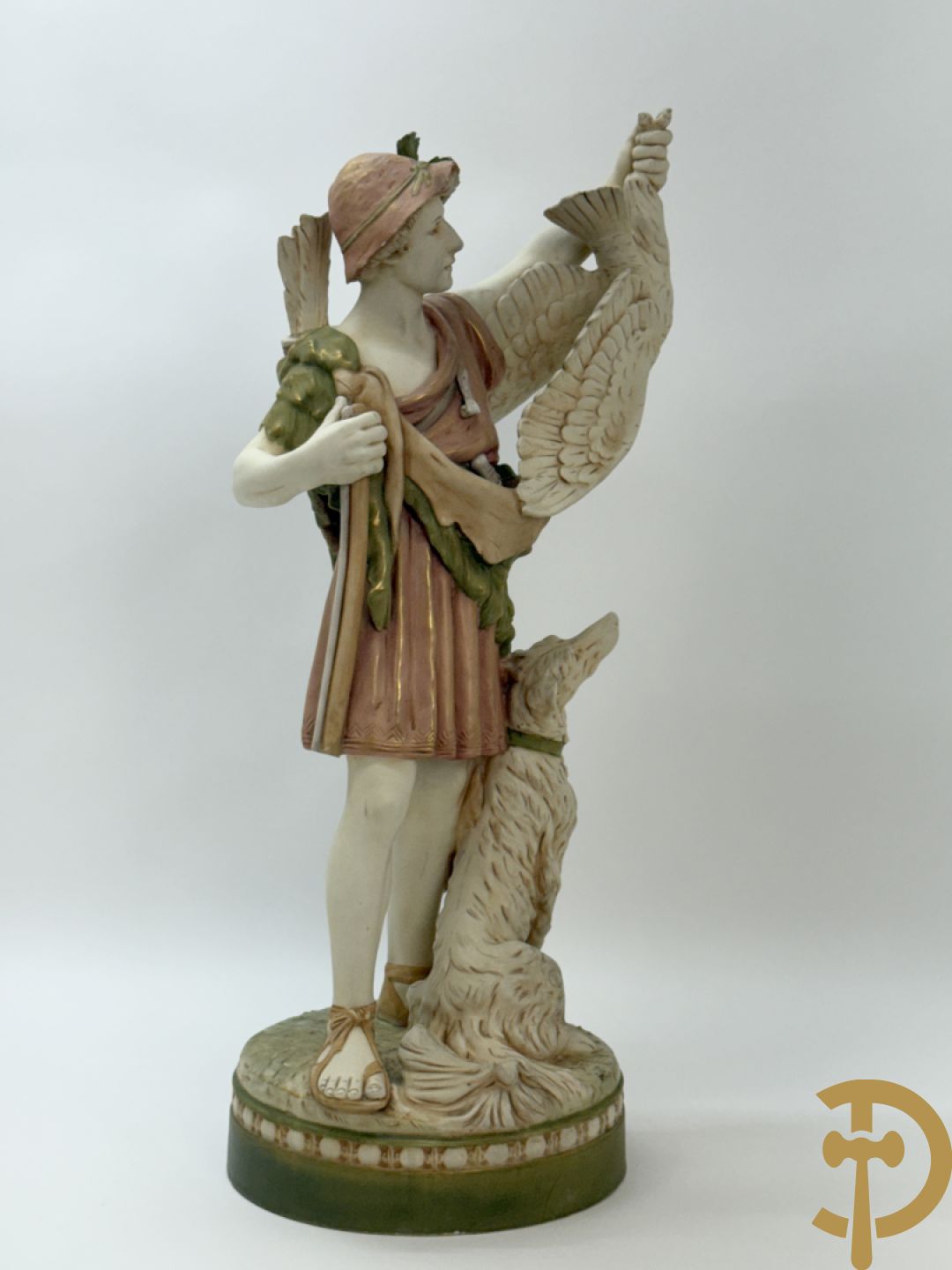 Royal Dux beeld van jager met hond en vogel in de hand