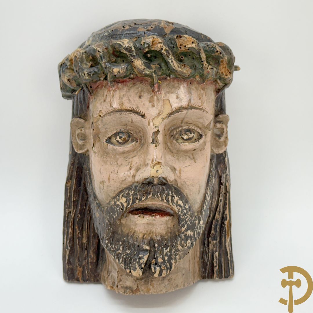 Gepolychromeerde houtsculptuur van Christushoofd