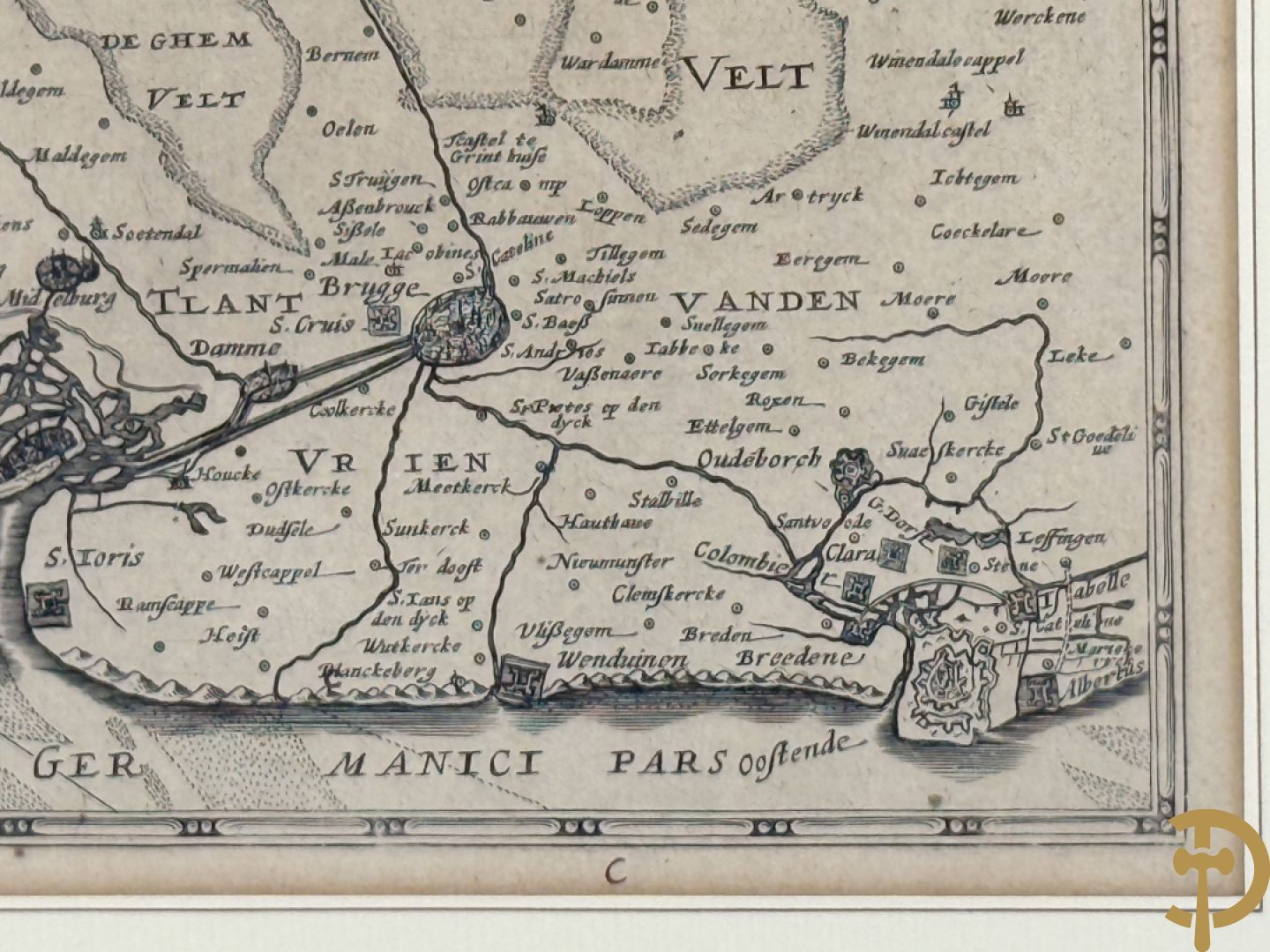 Oude kaart Flandria Septen Trionalis, cartografen Gerhard Mercator, Johannes Janssonius en Johannes Van Waesberge, laat 17e