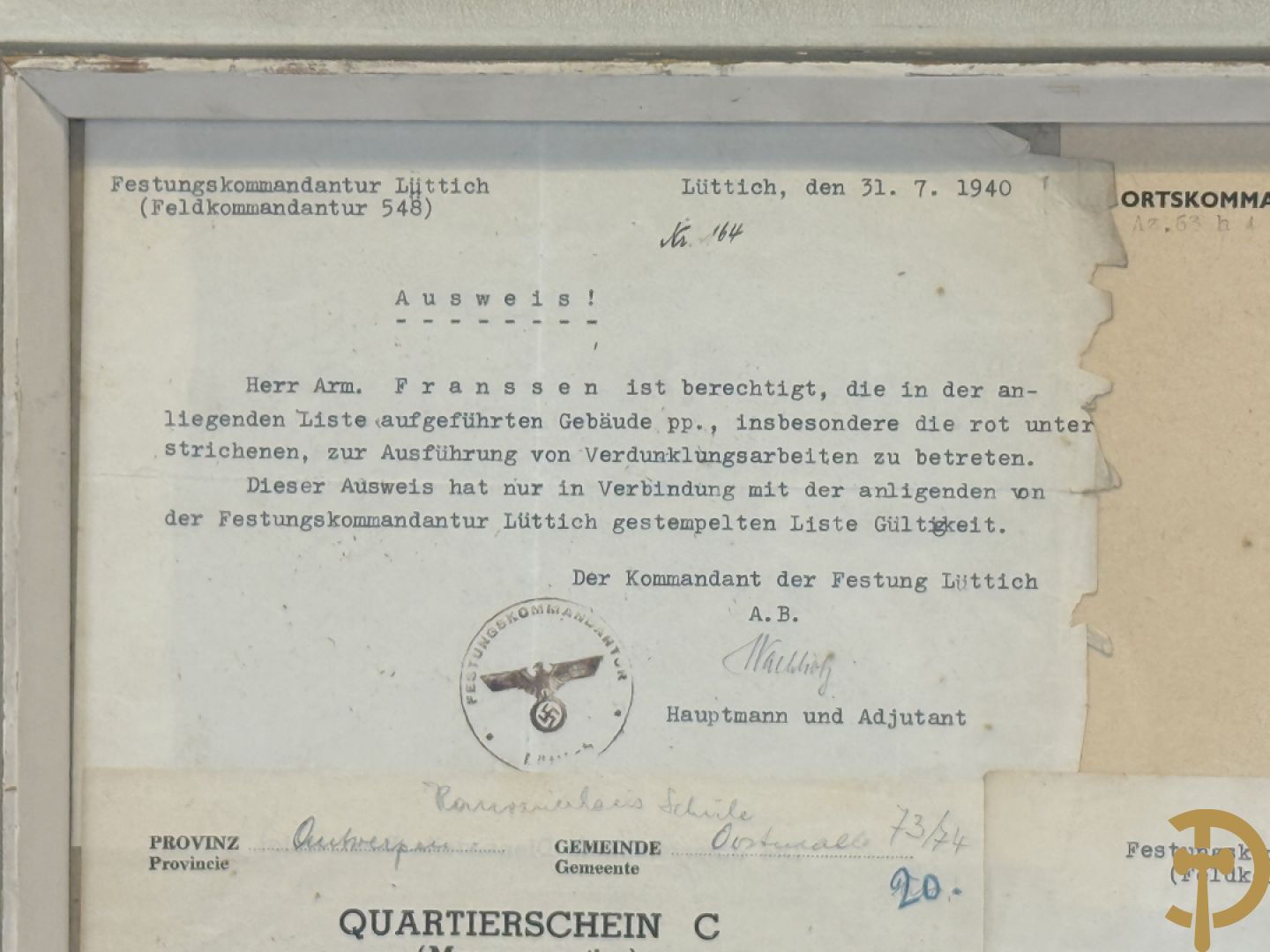 Zeven ingelijste documenten over Duitse W.O. II