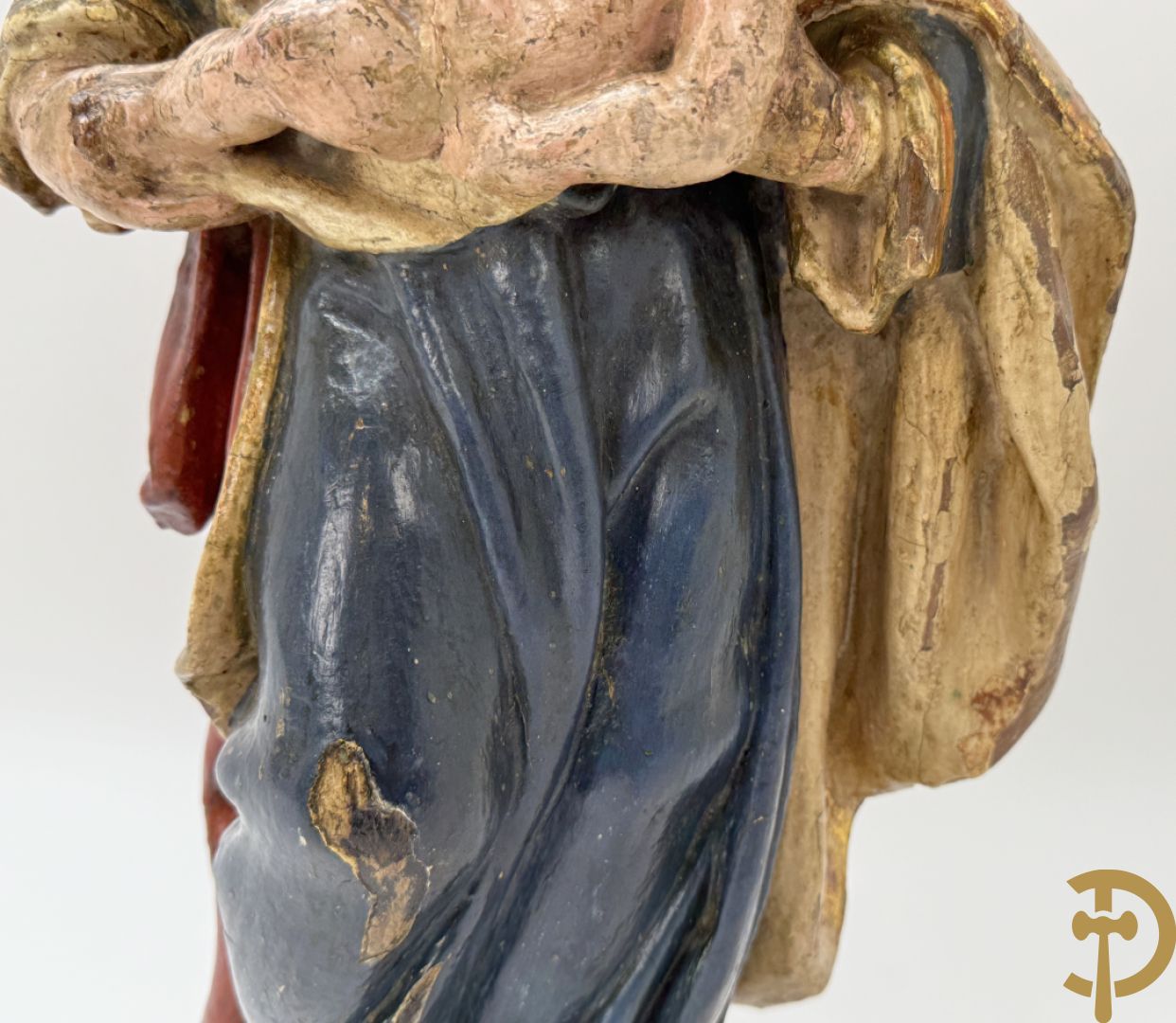 Gepolychromeerde houtsculptuur van Jozef met kindje Jezus