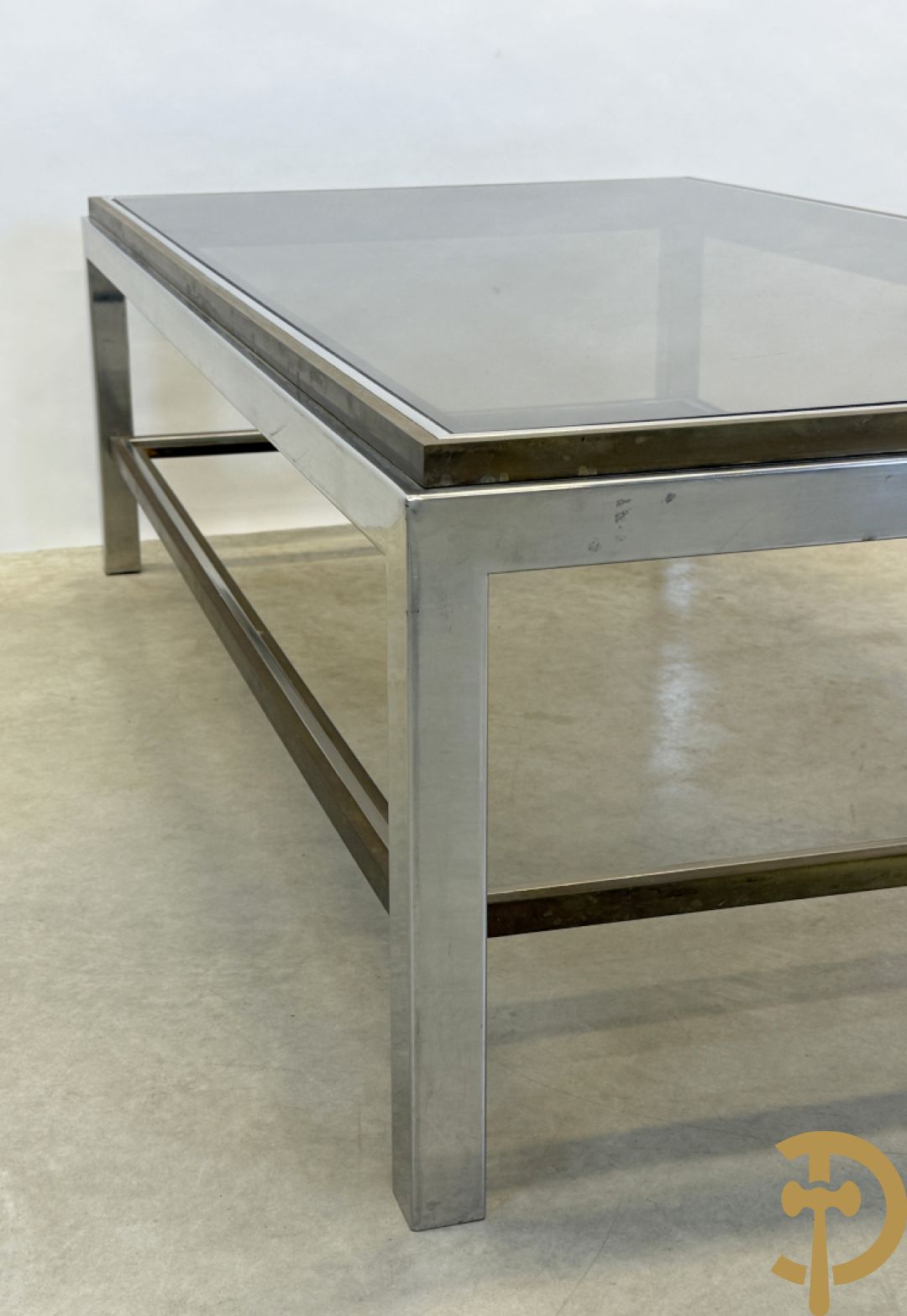 Salontafel met fumé glazen blad, koper en chromé, Belgochrome